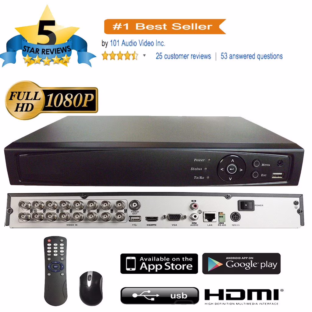 101AV 16 Channel 4TBHard Drive NVR 4MP/1080P H.265/H.264 Network Video Recorder, No Built-in PoE Ports & WiFi, HDMI/VGA/BNC Video Out, Mobile APPs, Supports 18 x 4MP IP Cameras