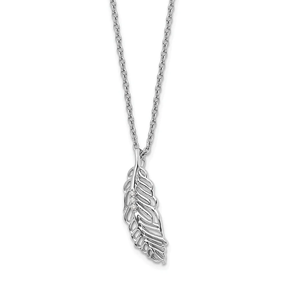 925 Sterling Silver White Ice Diamond Feather 18in With 2in EXT Necklace; 18 inch; for Adults and Teens; for Women and Men