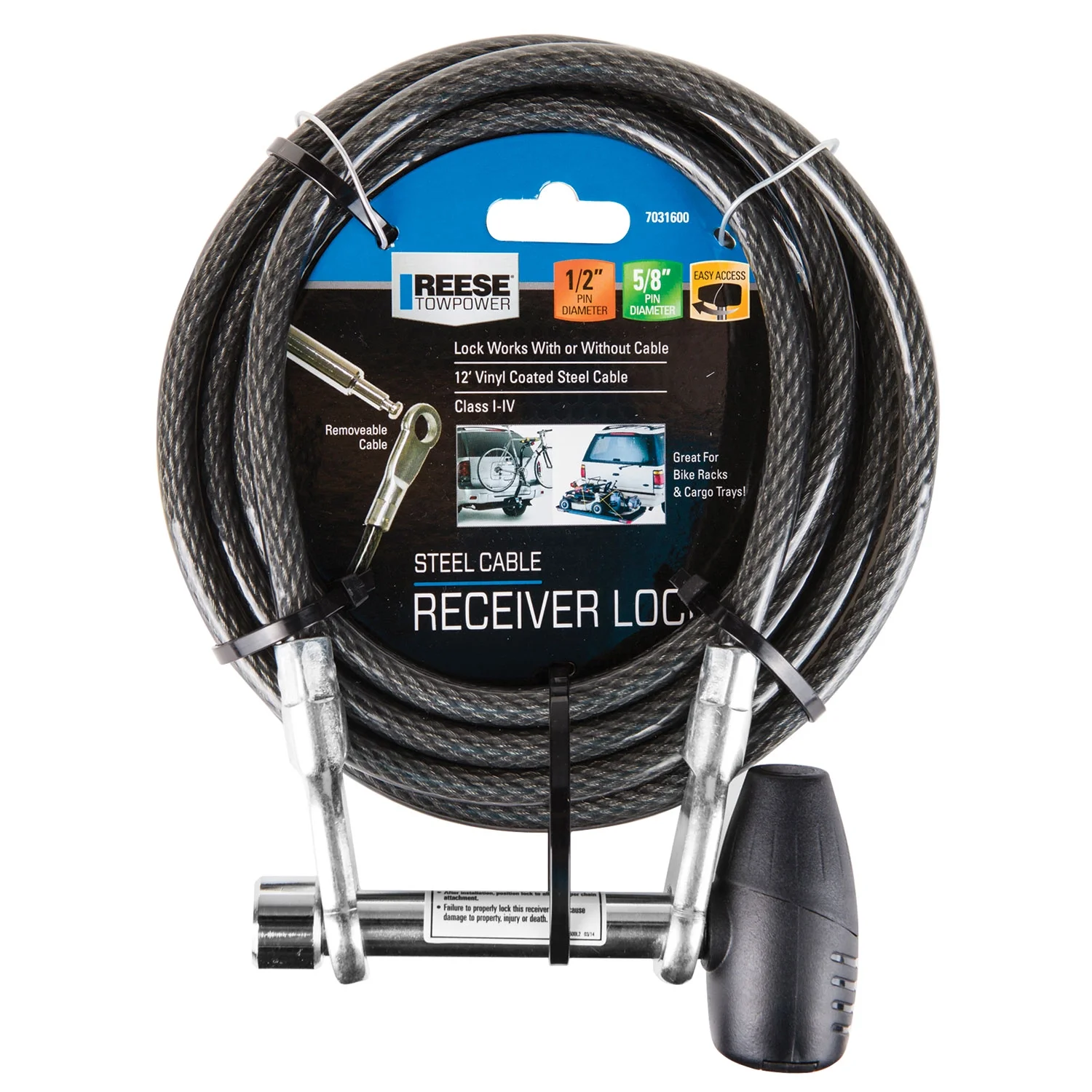Reese Towpower Trailer Hitch Cable Lock, Fits 1-1/4 in. & 2 in. Receivers, 1/2 in. & 5/8 in. Pin Diameter, Cable Lock, 12 ft. Cable