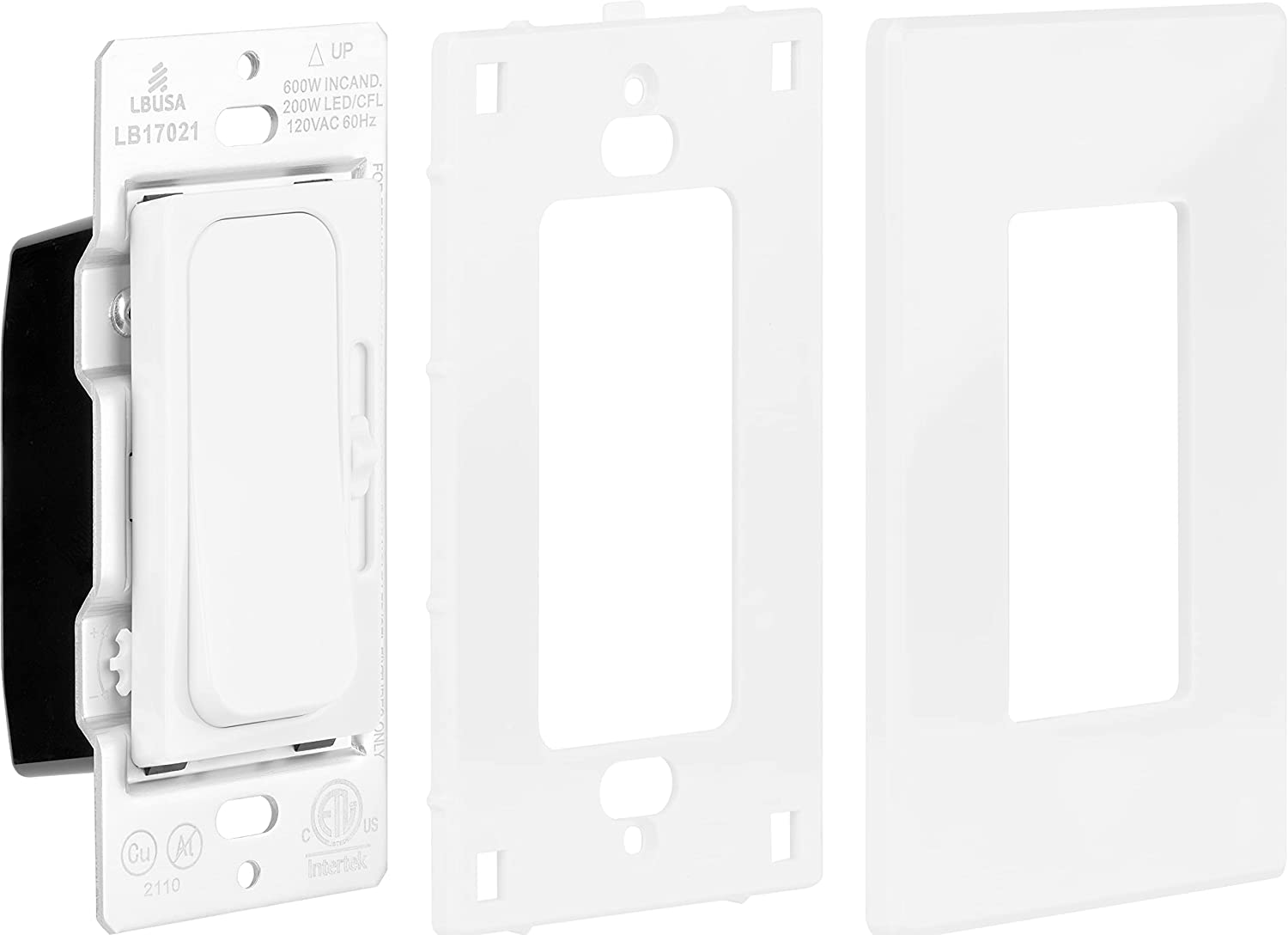 LED Dimmer Switch - On/Off Wall Dimmer Switch with Dimmable Slide, for LED/CFL/Incandescent/Halogen Bulbs - 3 Way Single Pole, 600W max, Cover Plate Included [2-Pack]