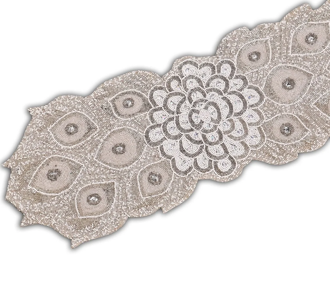 Handmade Beaded Table Runner, Peacock Feather Design Table Topper, Designer Tableware 13X36 Inch