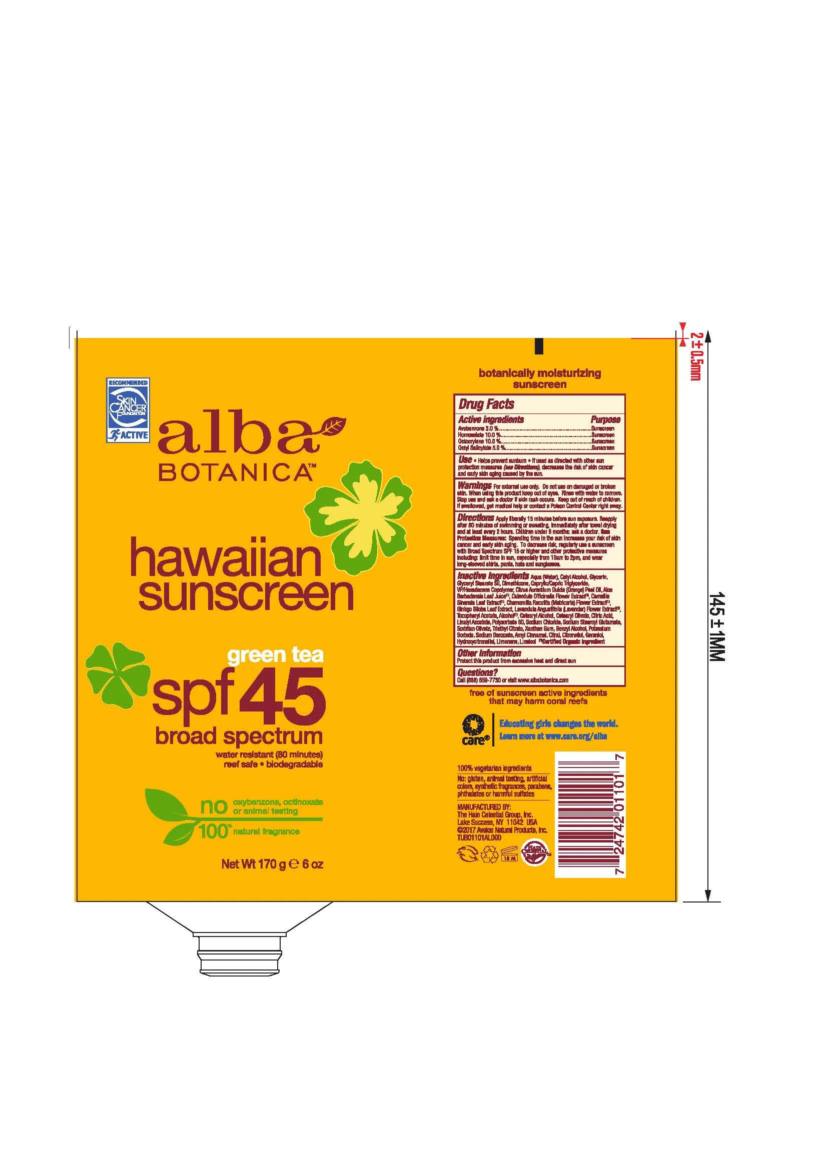 Alba Botanica Hawaiian Sunscreen Broad Spectrum SPF 45 Green Tea 4 oz