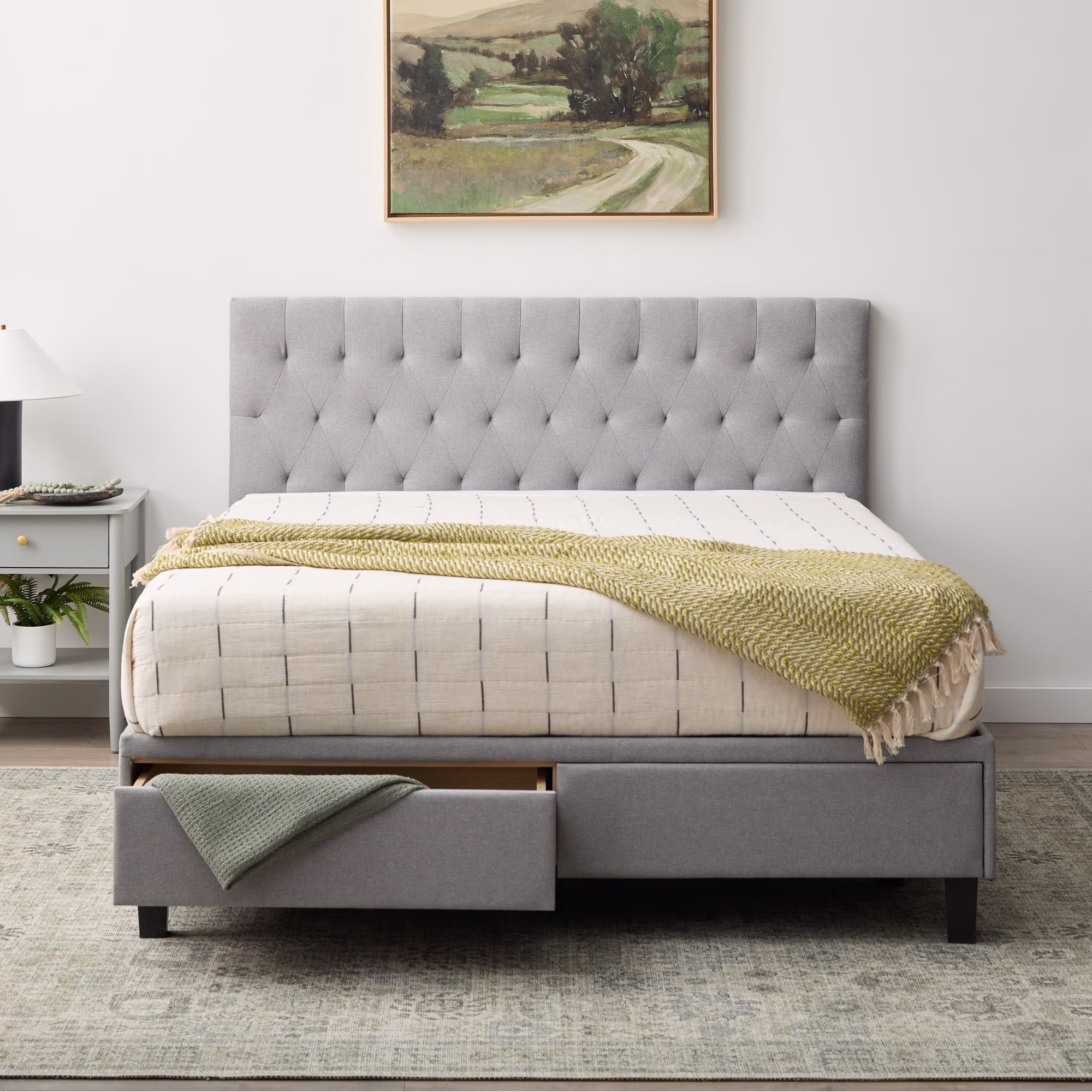 Rest Haven Jasper Upholstered Platform Bed with Drawers, Queen, Stone