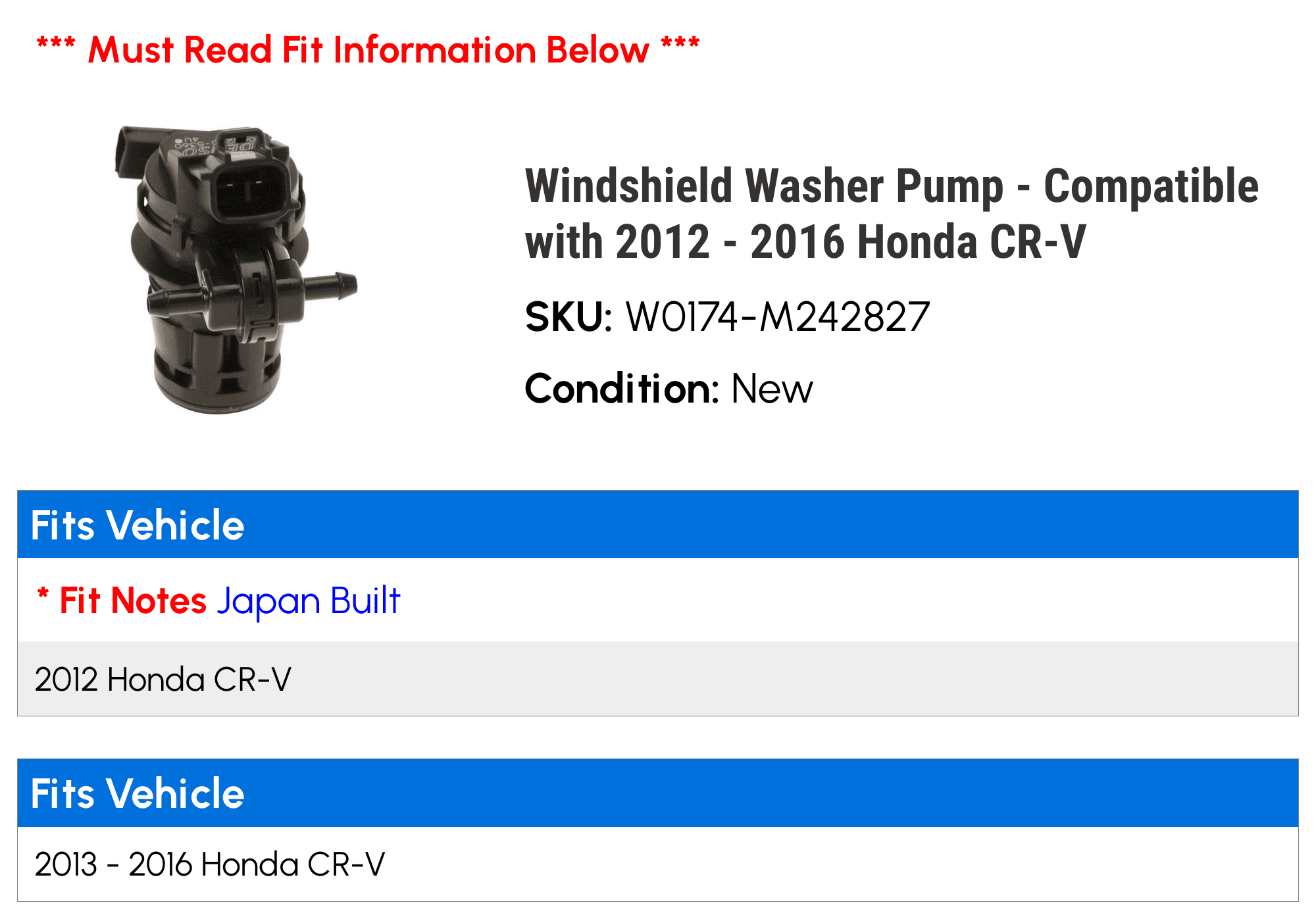 Windshield Washer Pump - Compatible with 2012 - 2016 Honda CR-V 2013 2014 2015