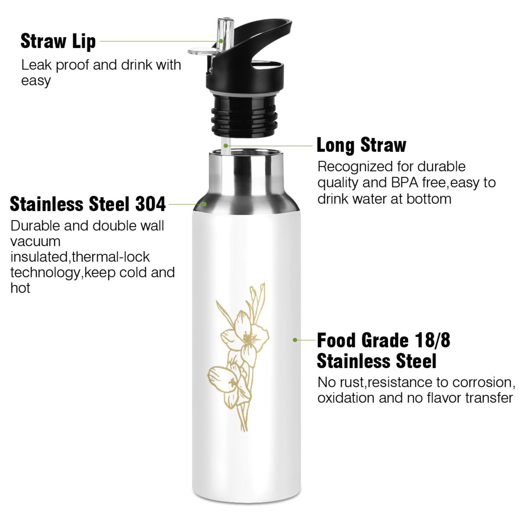 Water Bottle with Straw Lid Leak Flower Stainless Steel Insulated Thermos Vacuum Flask for Cold Hot Drinking for Sports Camping Gym Yoga