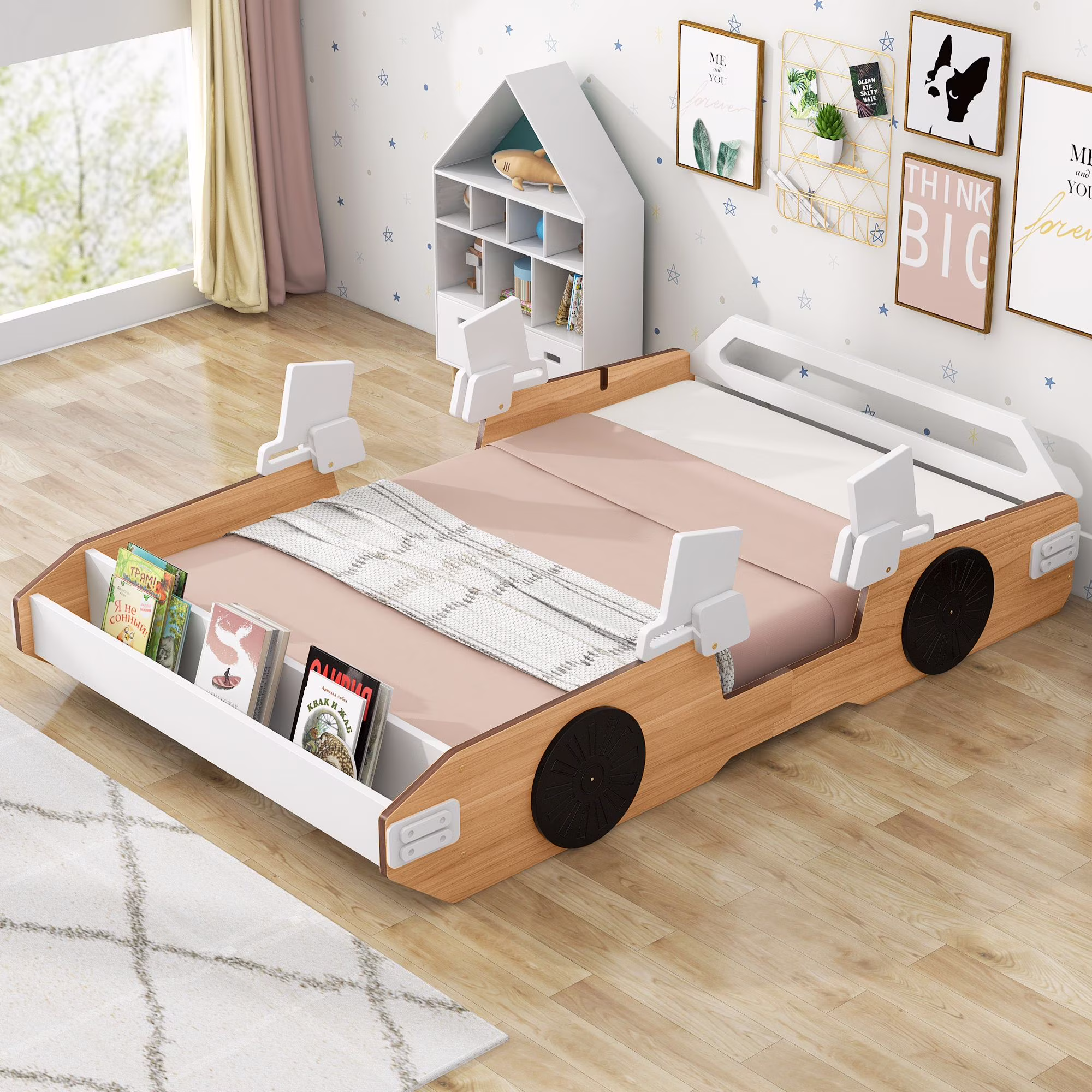 Wood Racing Car Platform Bed Mattress Foundation with Door Design and Storage, Bed Frame Storage Bed w/ Wooden Slats for Boy Girl, No Box Spring Needed, Easy Assembly