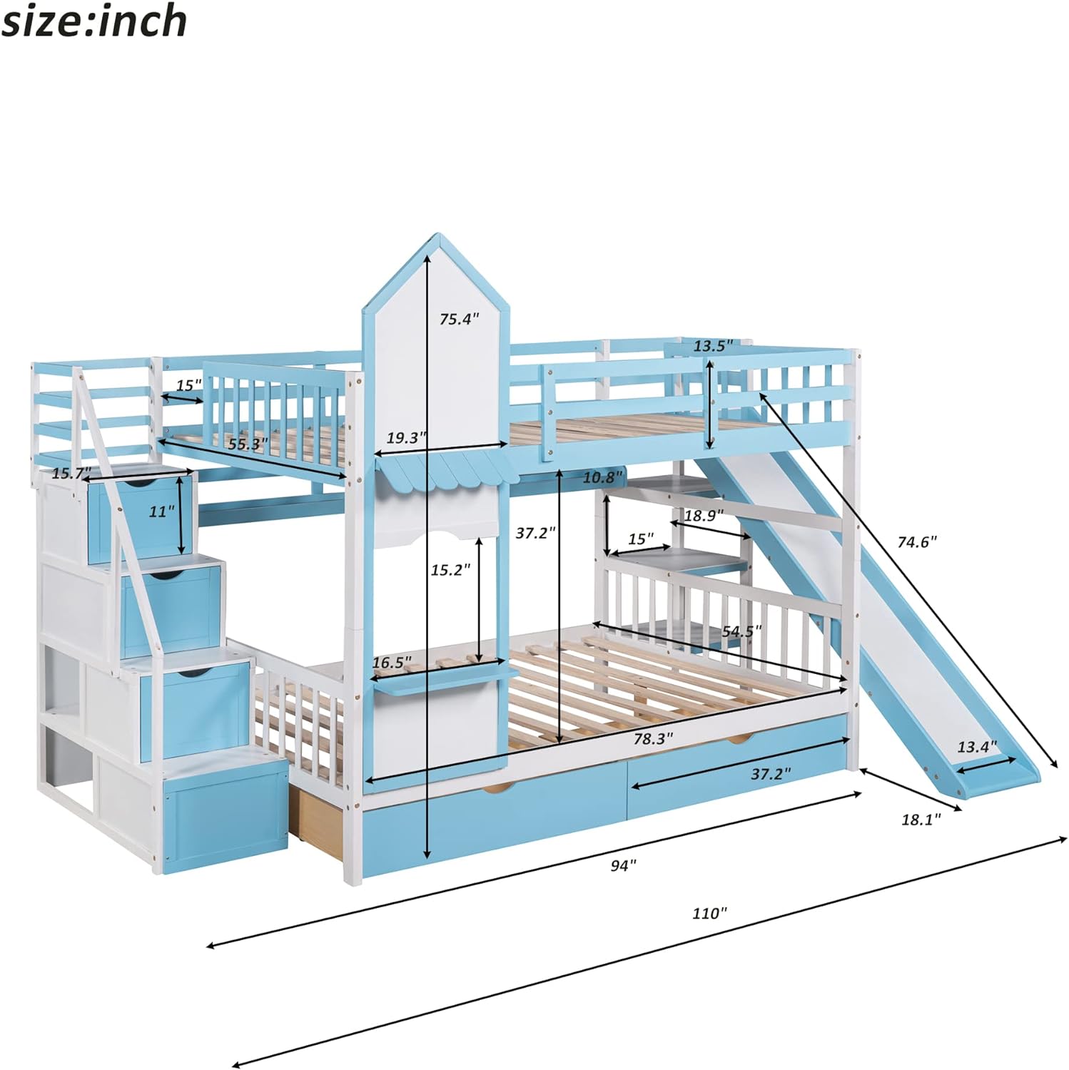 Kids Low Bunk Bed With Slide, Full-Over-Full Wooden Castle Shape Bunk Bed With Storage Drawers And Shelves, Full Floor Bunk Bed For Boys Girls Bedroom Dorm(Blue)