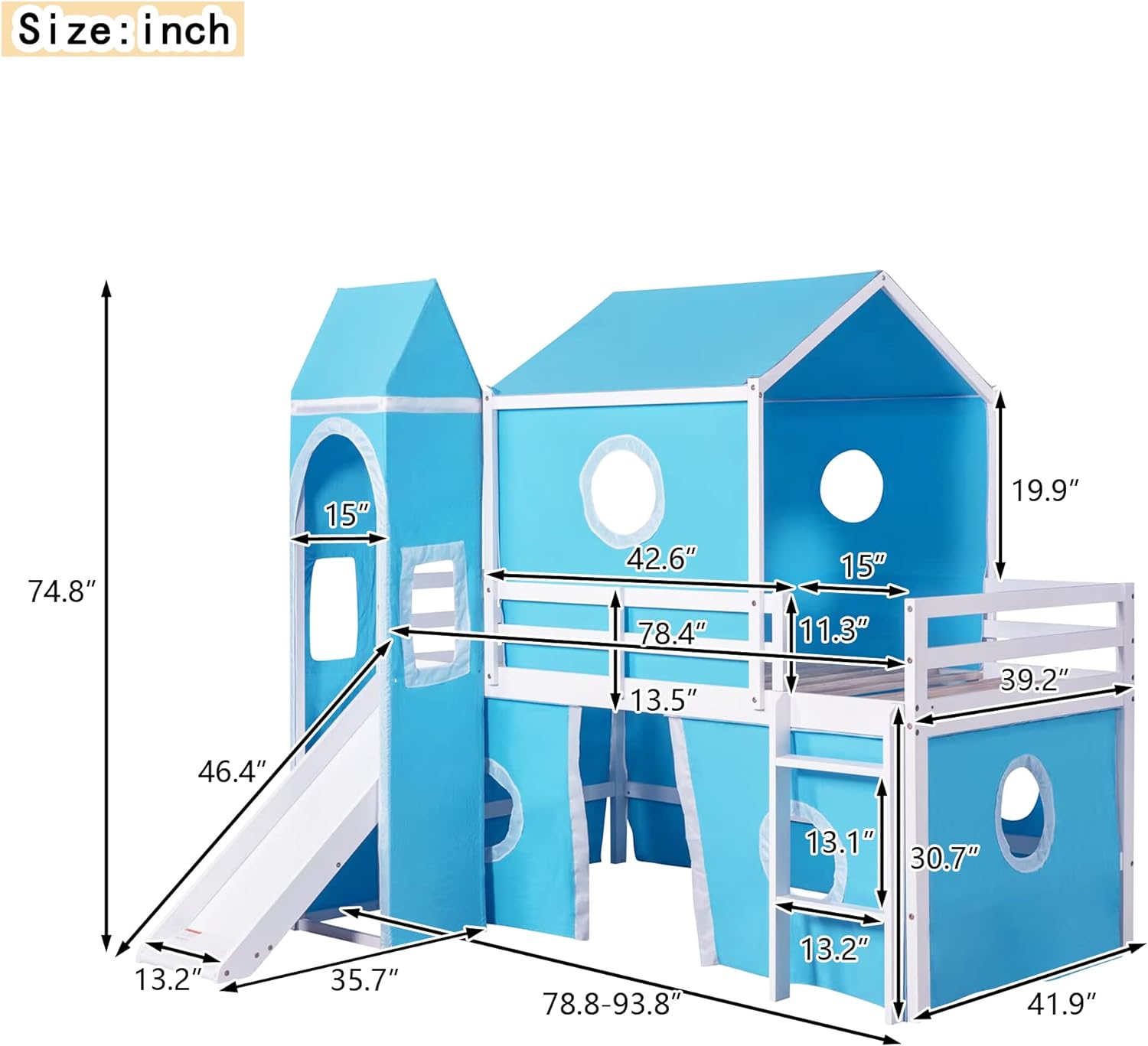 Low Loft Bed With Slide And Curtains Over Floor Bunk Bed With House Shape Tent And Tower, Wood Castle Loft Beds For Kids Boys Girls, Blue