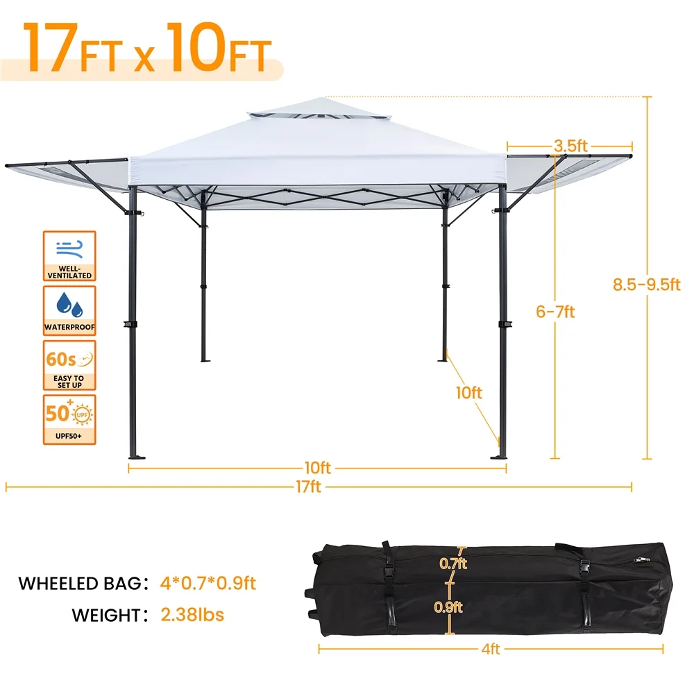Topeakmart 17x10ft 2-tiered Pop-up Gazebo Canopy with Tilt Angle-adjustable Double Awnings, White