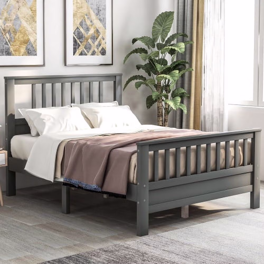 Motent Wood Platform Bed with Headboard and Footboard, Full (Gray)