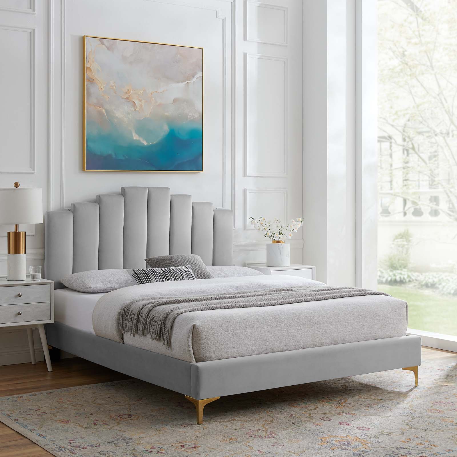 Modway Elise Twin Performance Velvet Platform Bed in Light Gray