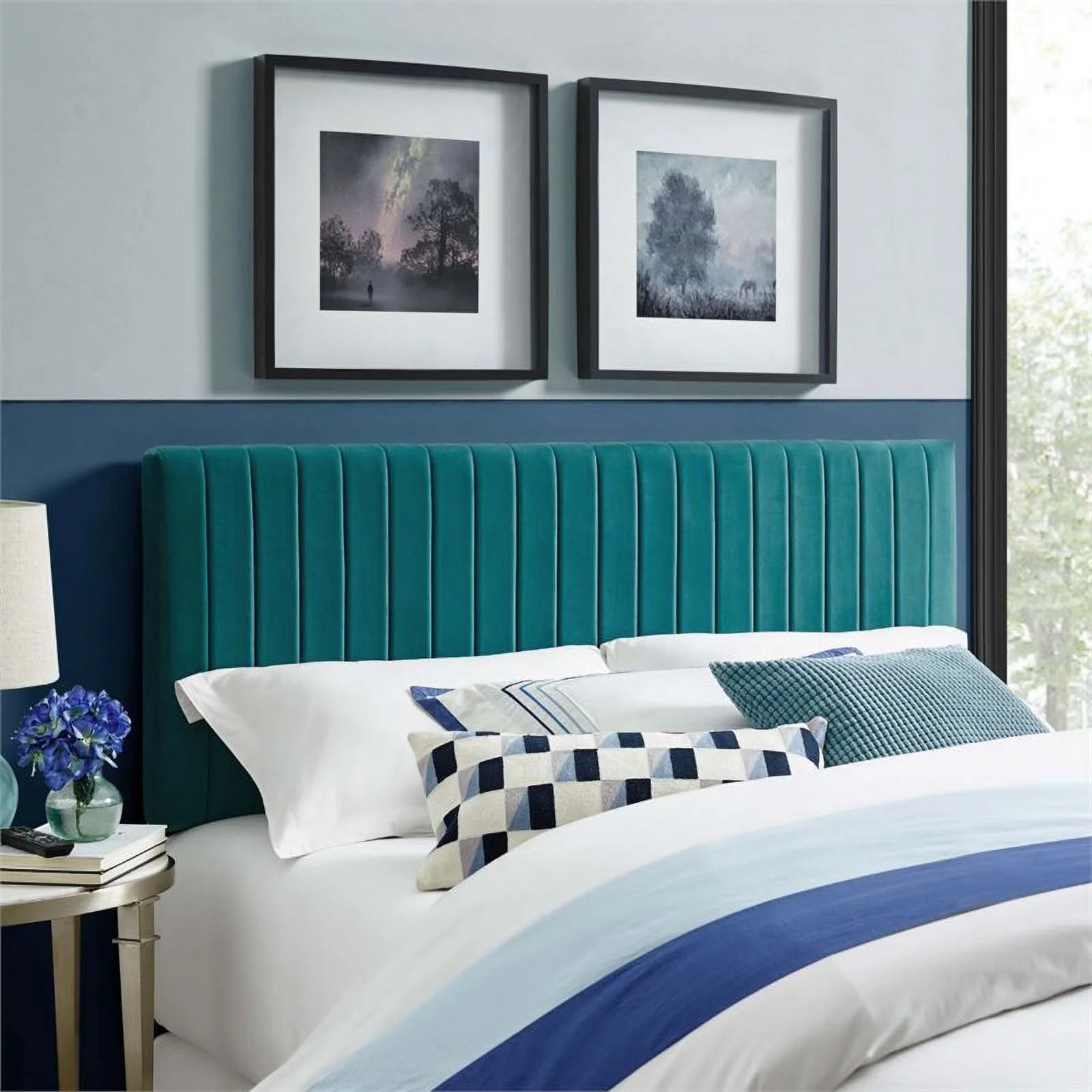 Pemberly Row Modern / Contemporary Velvet Full Queen Headboard in Teal