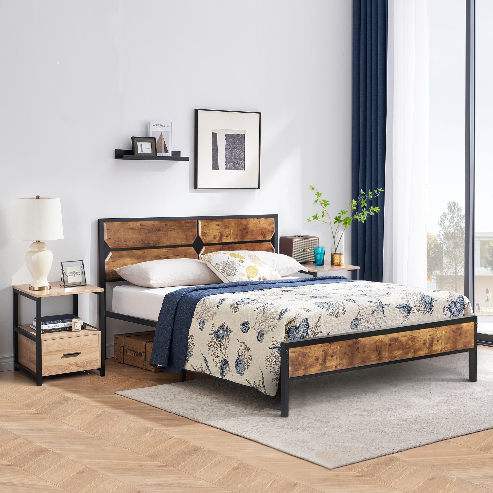 VECELO Full Size Bedroom Set, Platform Bed Frame and 2 Nightstands (Set of 3)