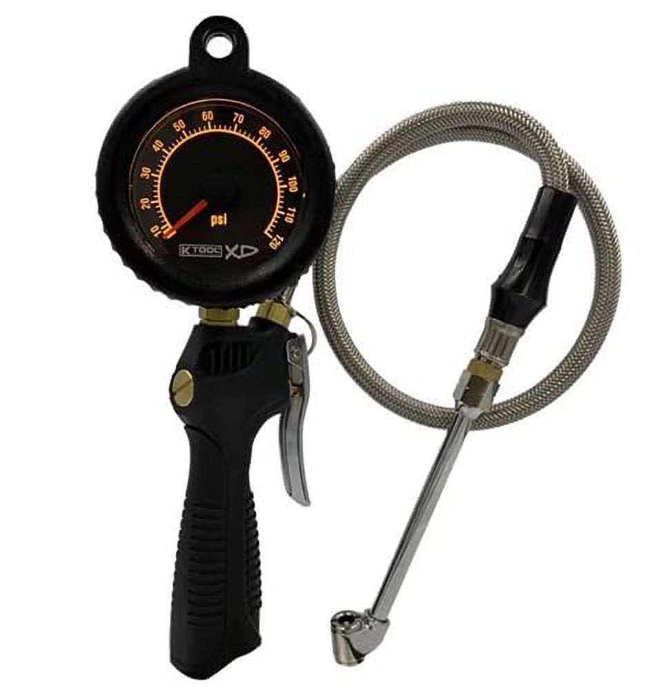 K Tool International XD89050 Backlit Tire Inflator Gauge for Garages, Repair Shops and DIY,  Dial, 0-120 PSI, Rubber Boot Gauge Protection, Dual Foot Chuck, Accuracy ( +/- 1%), 2' Polymer Braided Hose