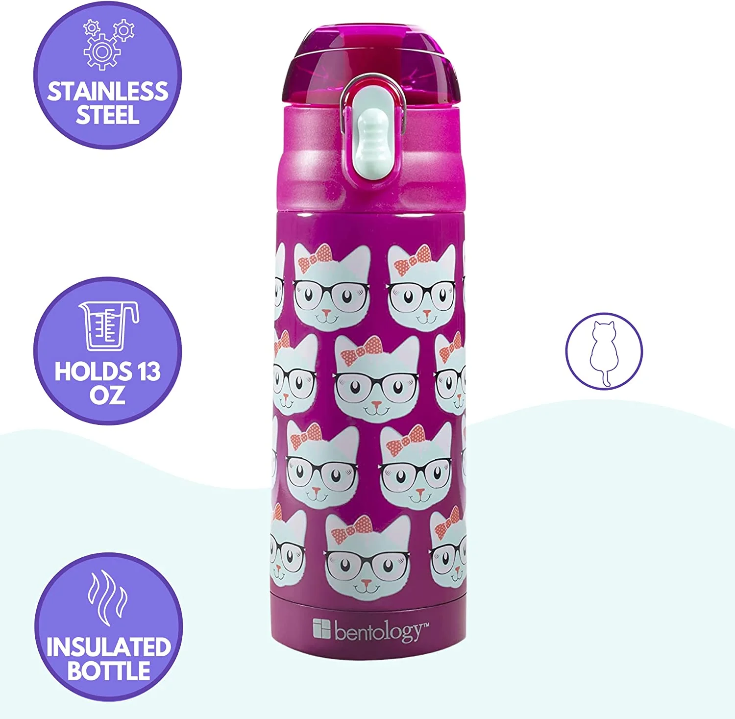 Bentology Kids Lunch Bag Set Pink Kitty- Thick Padded Handle, Insulated Tote, Reusable Hard Ice Pack & Insulated Stainless Steel Water Bottle- Keeps Lunch Fresh Longer, Back to School Lunchbox Kits