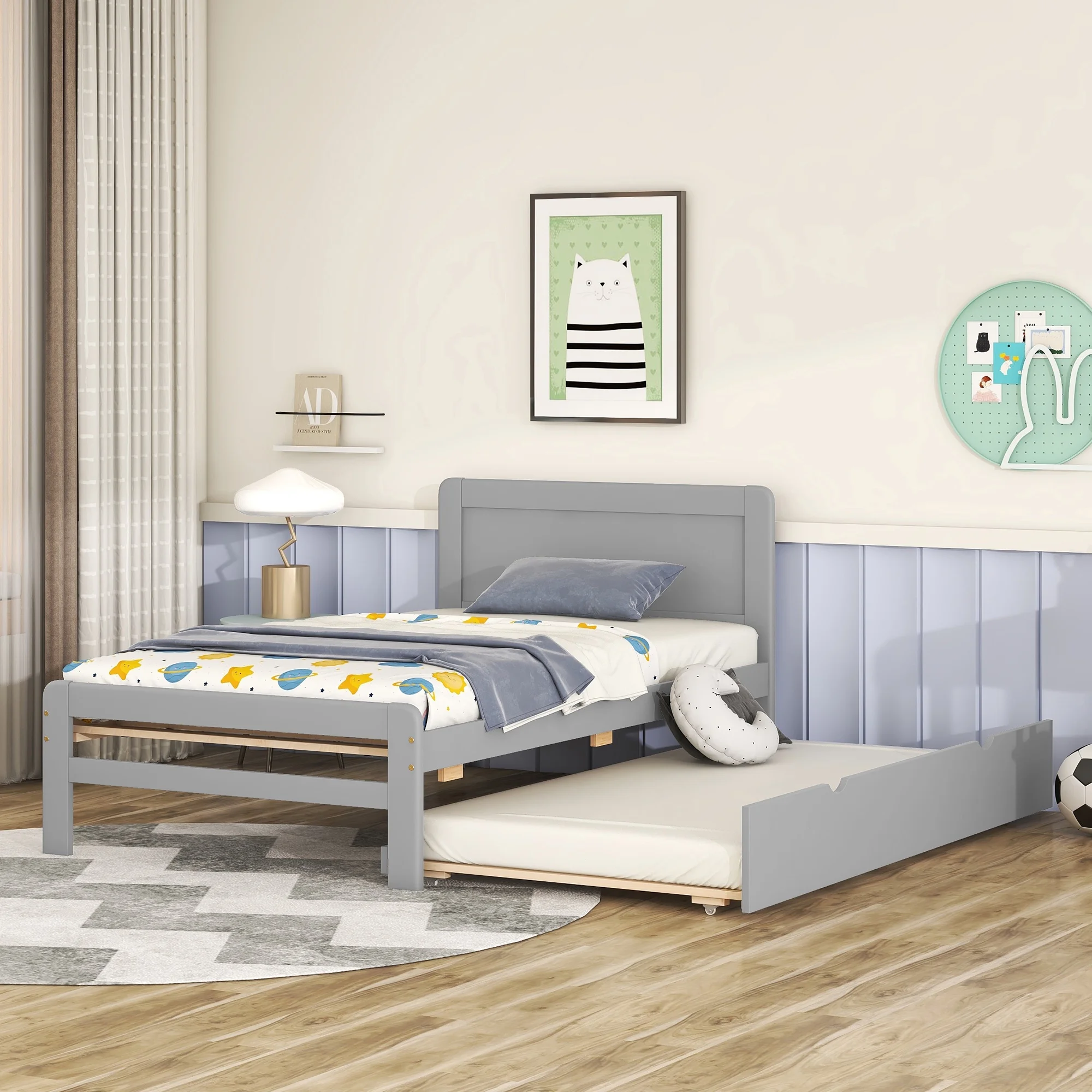 Modern Twin Size Platform Bed Frame with Trundle - Grey Color