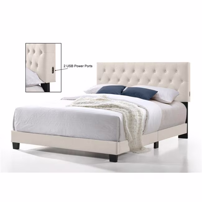 Royale Tufted Queen Bed with USB Power Connection - Beige