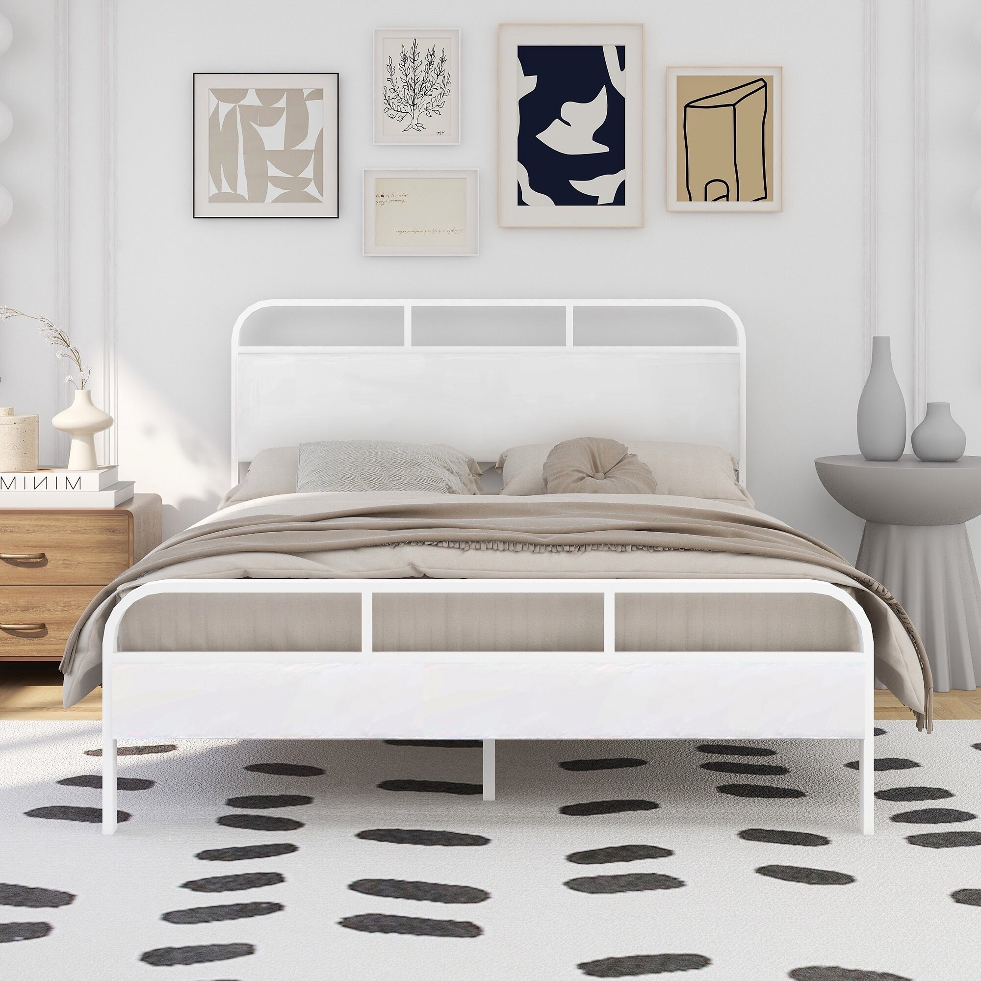 Alazyhome  Excellent Platform Metal Bed Frame with Upholstered Headboard Queen - White