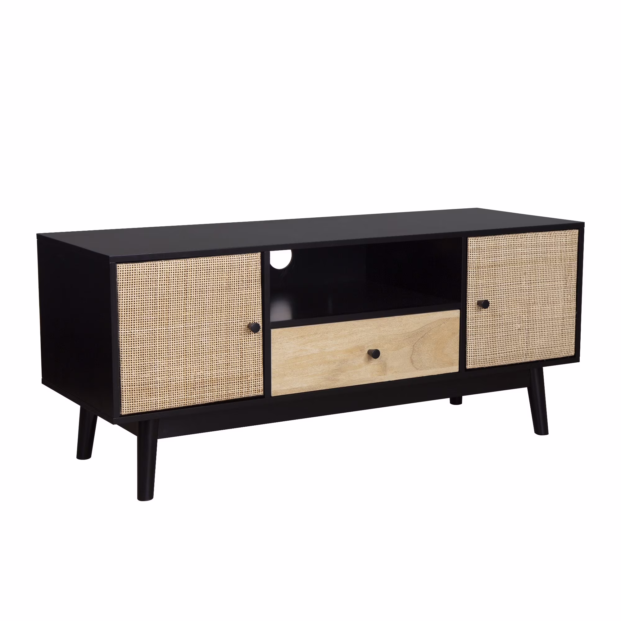 Nathan James Bonnie TV Stand With Natural Rattan Doors, Drawer and Open Cubby