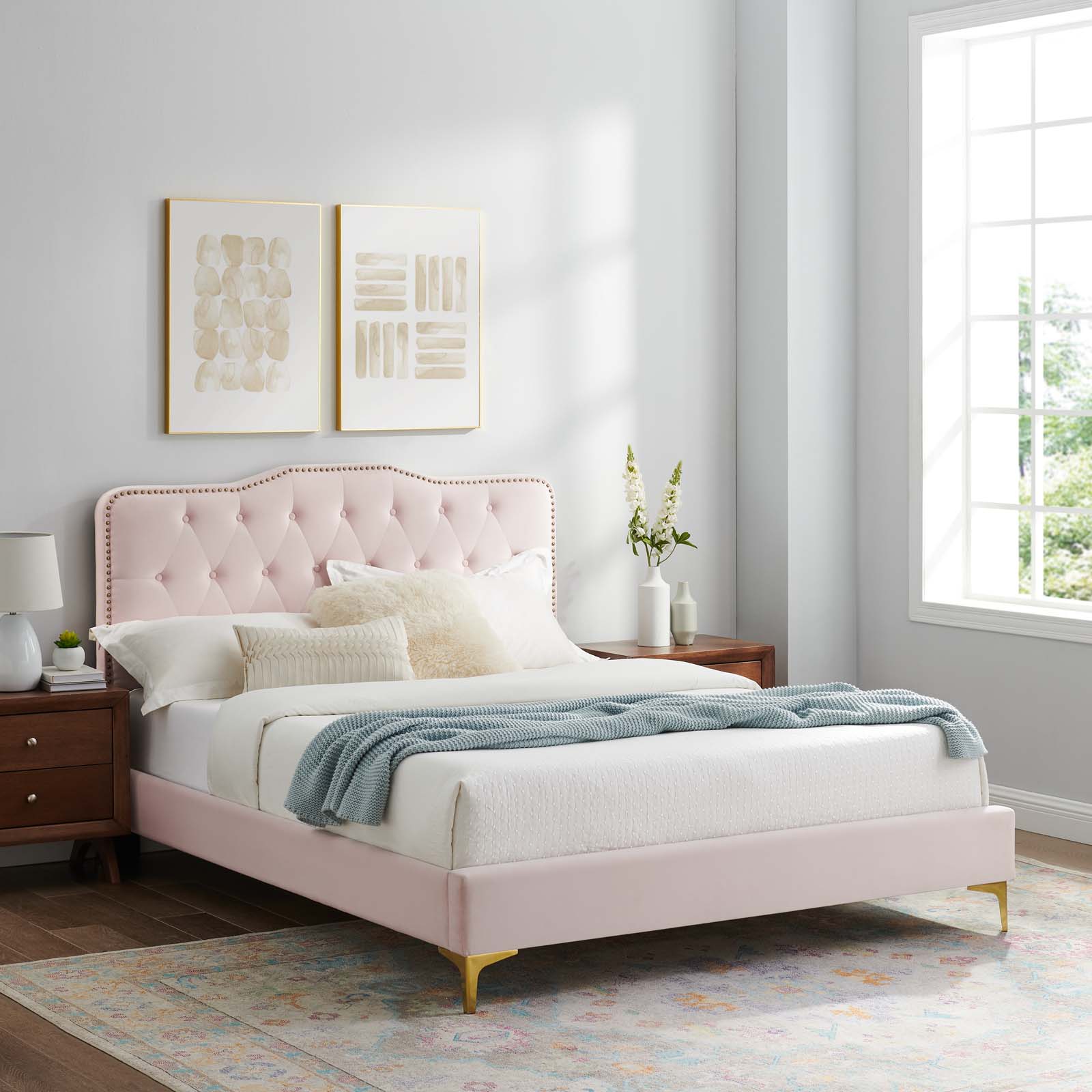 Modway Amber Performance Velvet Queen Platform Bed in Pink
