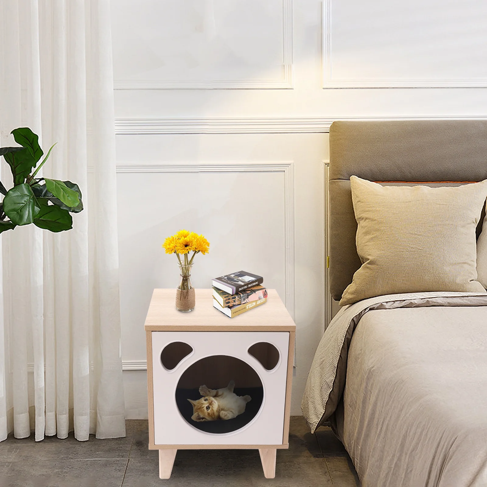 Wuzstar Cat House Nightstand Indoor Cat House Side Table with Hole Nightstand Pet House Cat Litter Box Enclosure Furniture