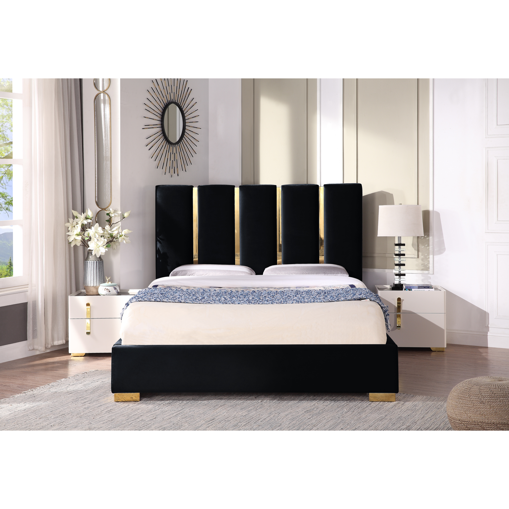 Contemporary Velvet Upholstered Bed, Solid Wood Frame, High-density Foam, Gold Metal Leg, Queen Size