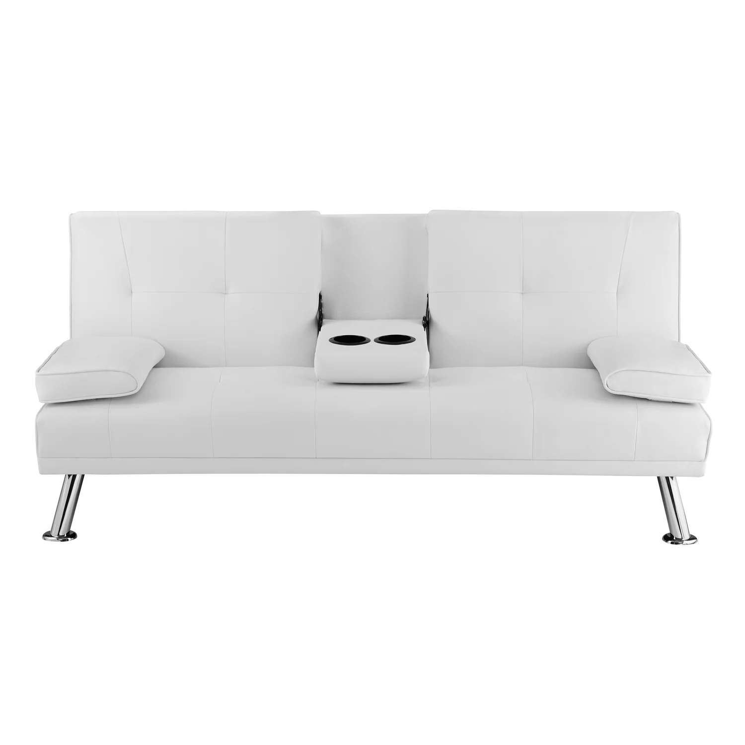 White Convertible Futon Sofa, Modern Reclining Black Sleeper Sofa, Faux Leather Futon Sofa Bed with Armrest and Cupholders