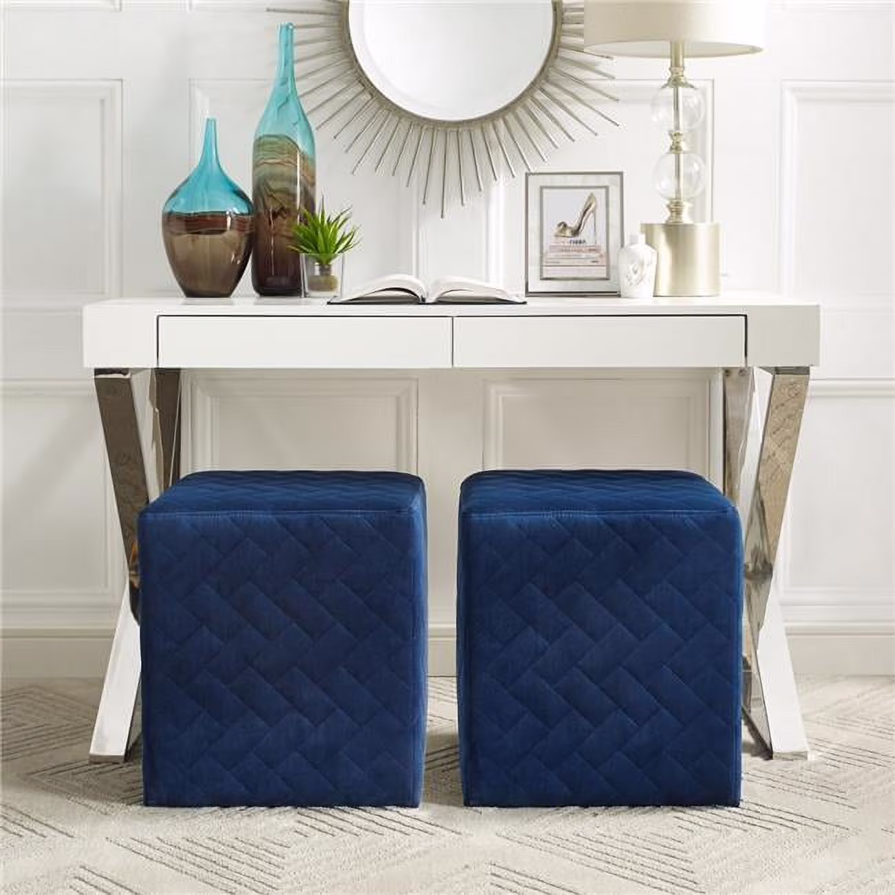 Posh Living Micah Modern Quilted Velvet Upholstered Cube Ottoman in Blue