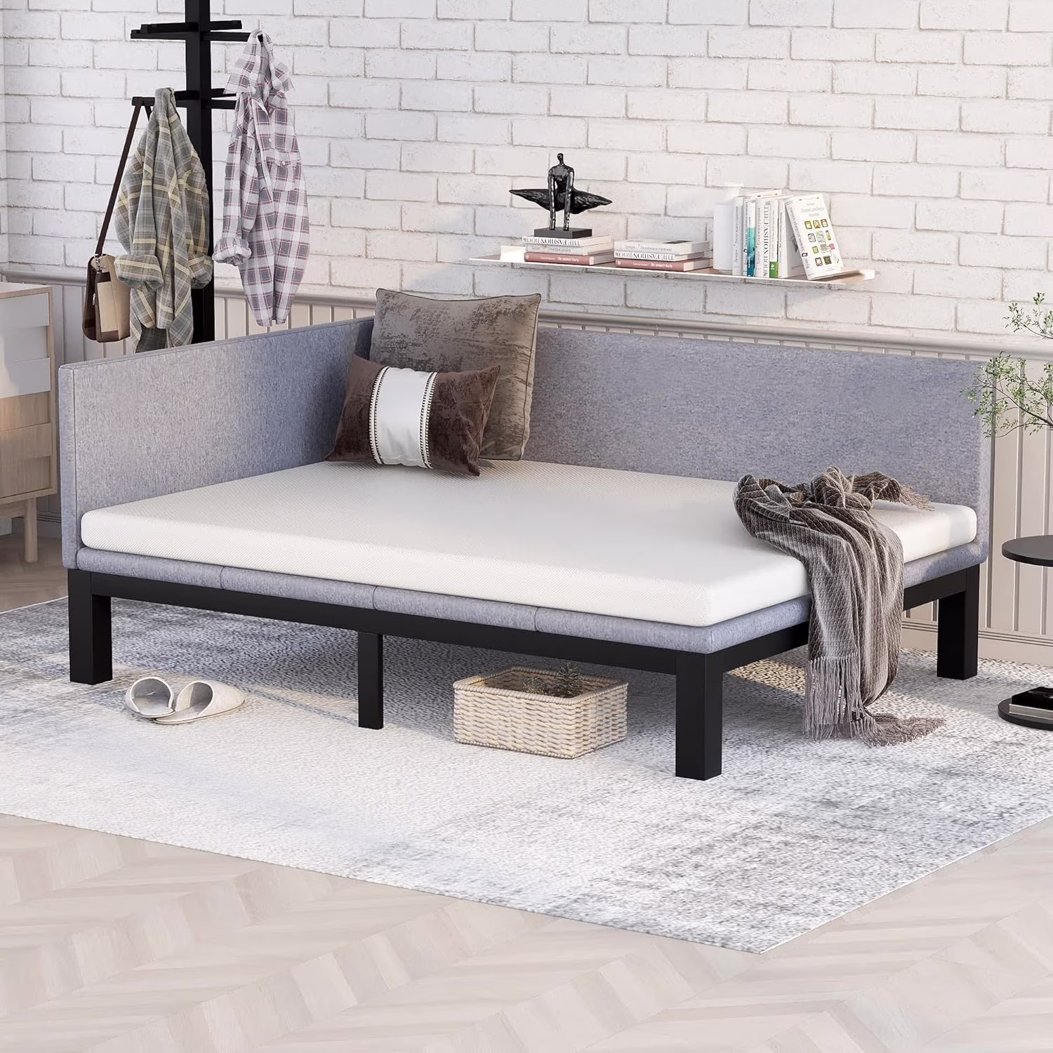 Upholsered Full Daybed Frame, Full Size Daybed Wih Sla Suppor, Surdy Woode Full Sofa Bed For Livig Room Bedroom, o Box Sprig eeded (Full, Gray)