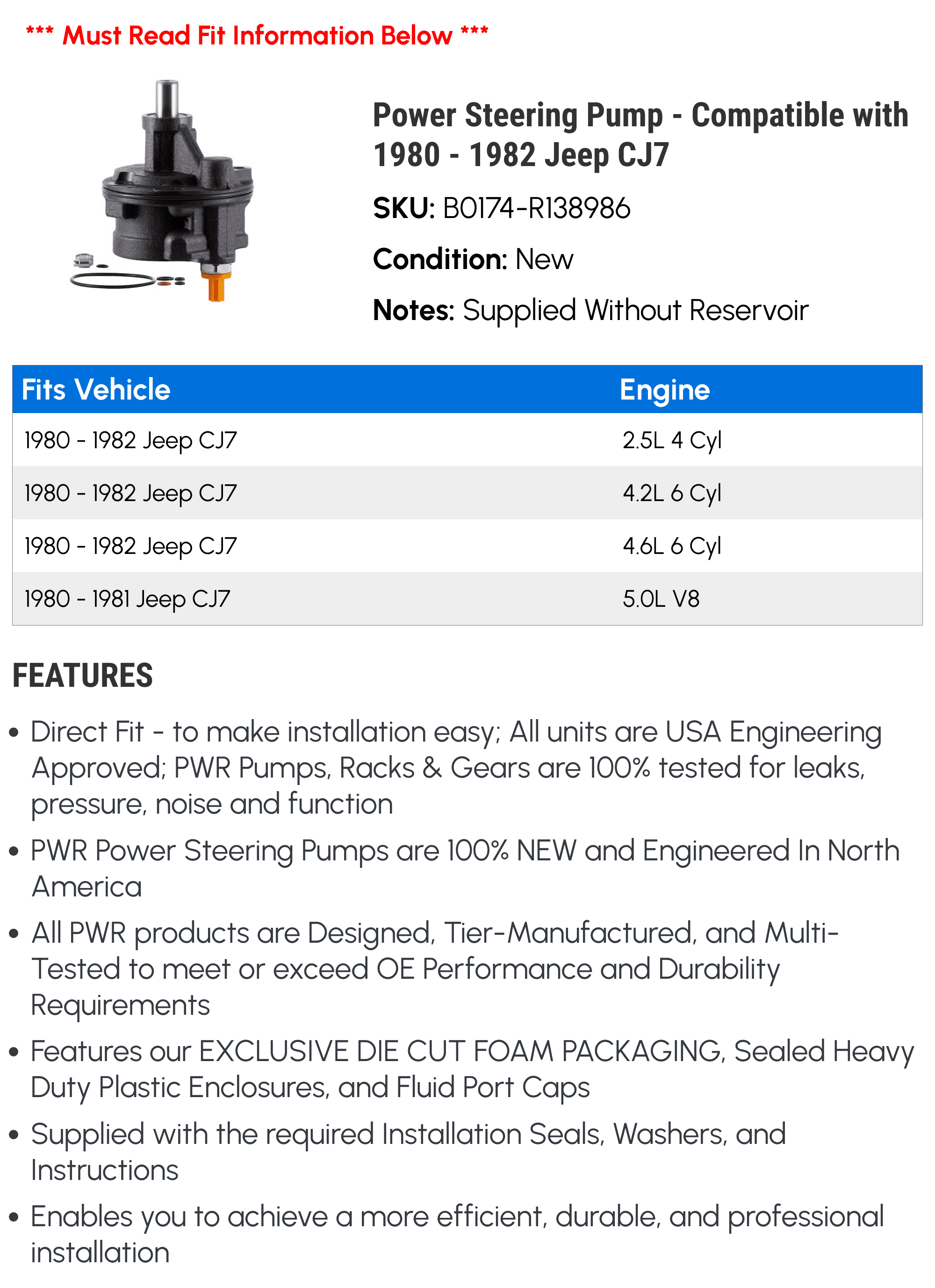 Power Steering Pump - Compatible with 1980 - 1982 Jeep CJ7 1981
