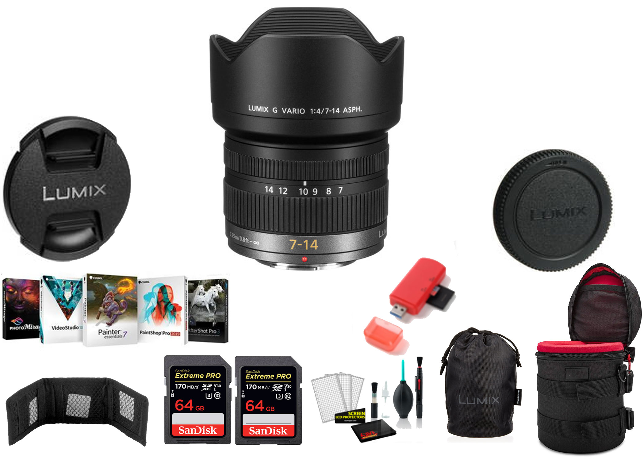 Panasonic Lumix G Vario 7-14mm f/4 ASPH. Lens with 2x 64 Memory Cards and More (International Model)