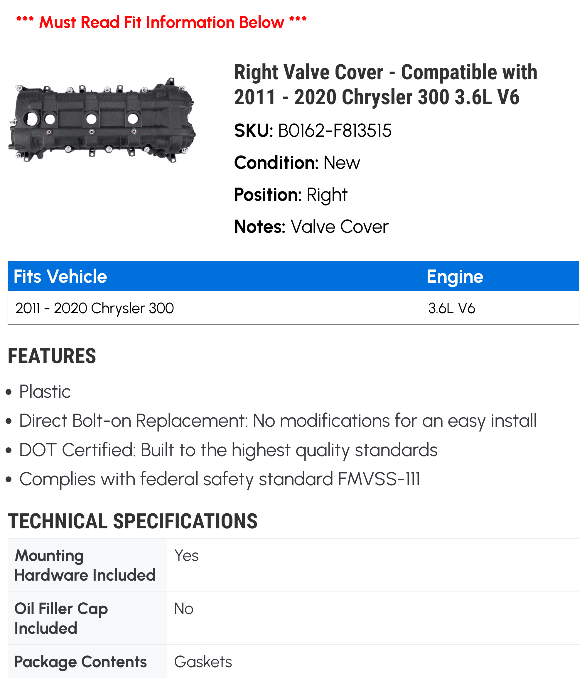 Right Valve Cover - Compatible with 2011 - 2020 Chrysler 300 3.6L V6 2012 2013 2014 2015 2016 2017 2018 2019