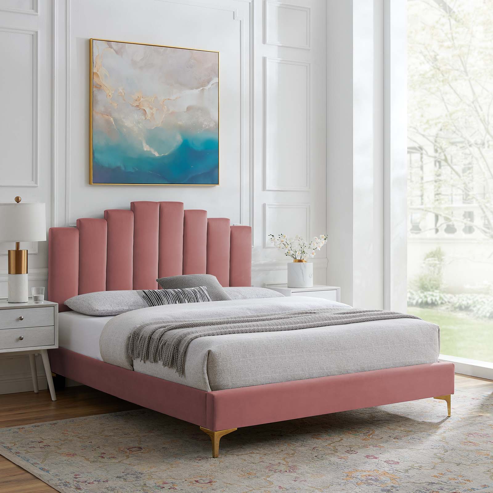 Modway Elise King Performance Velvet Platform Bed in Dusty Rose