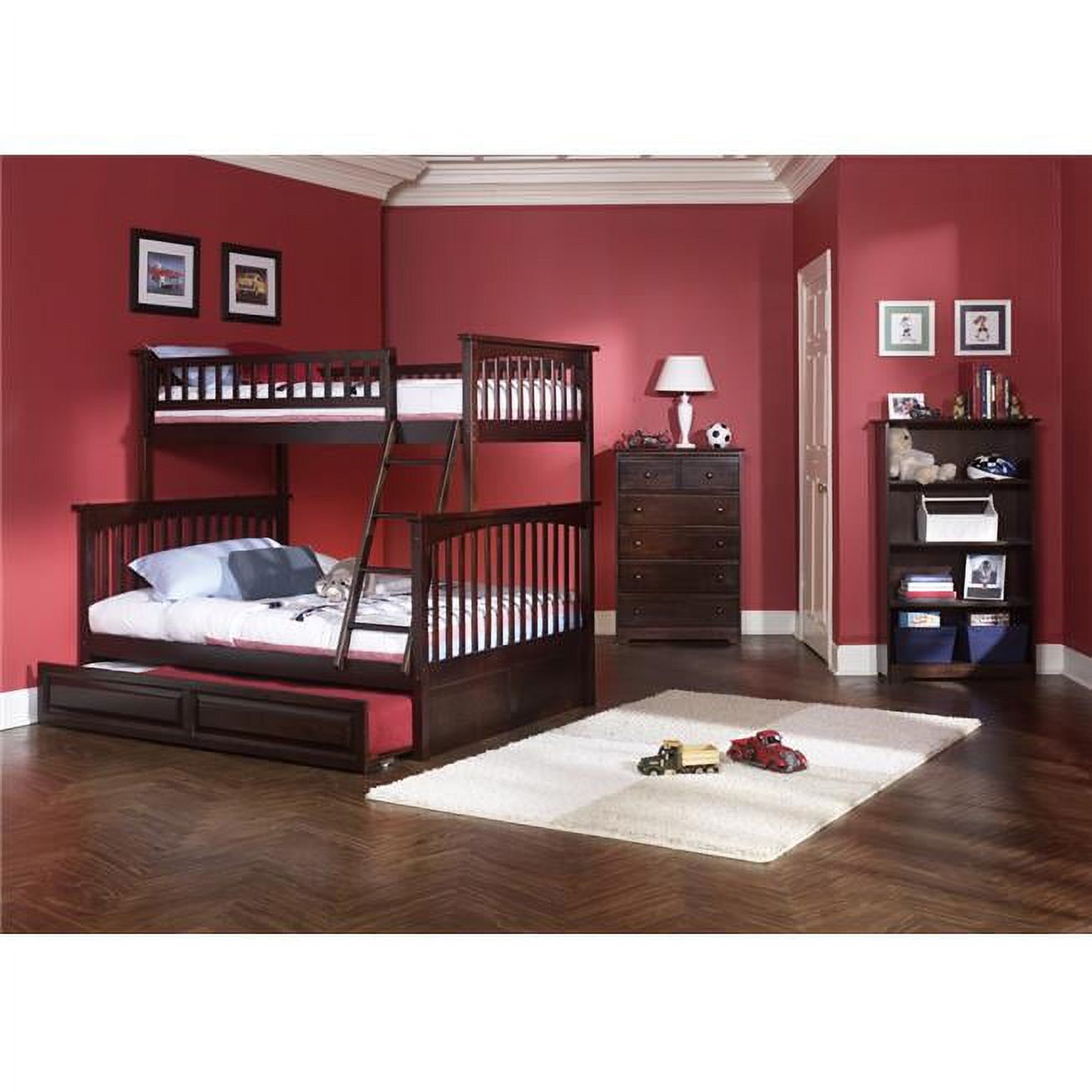 Columbia Bunkbed with Urban Trundle Bed - Antique Walnut, Twin Over Full Size
