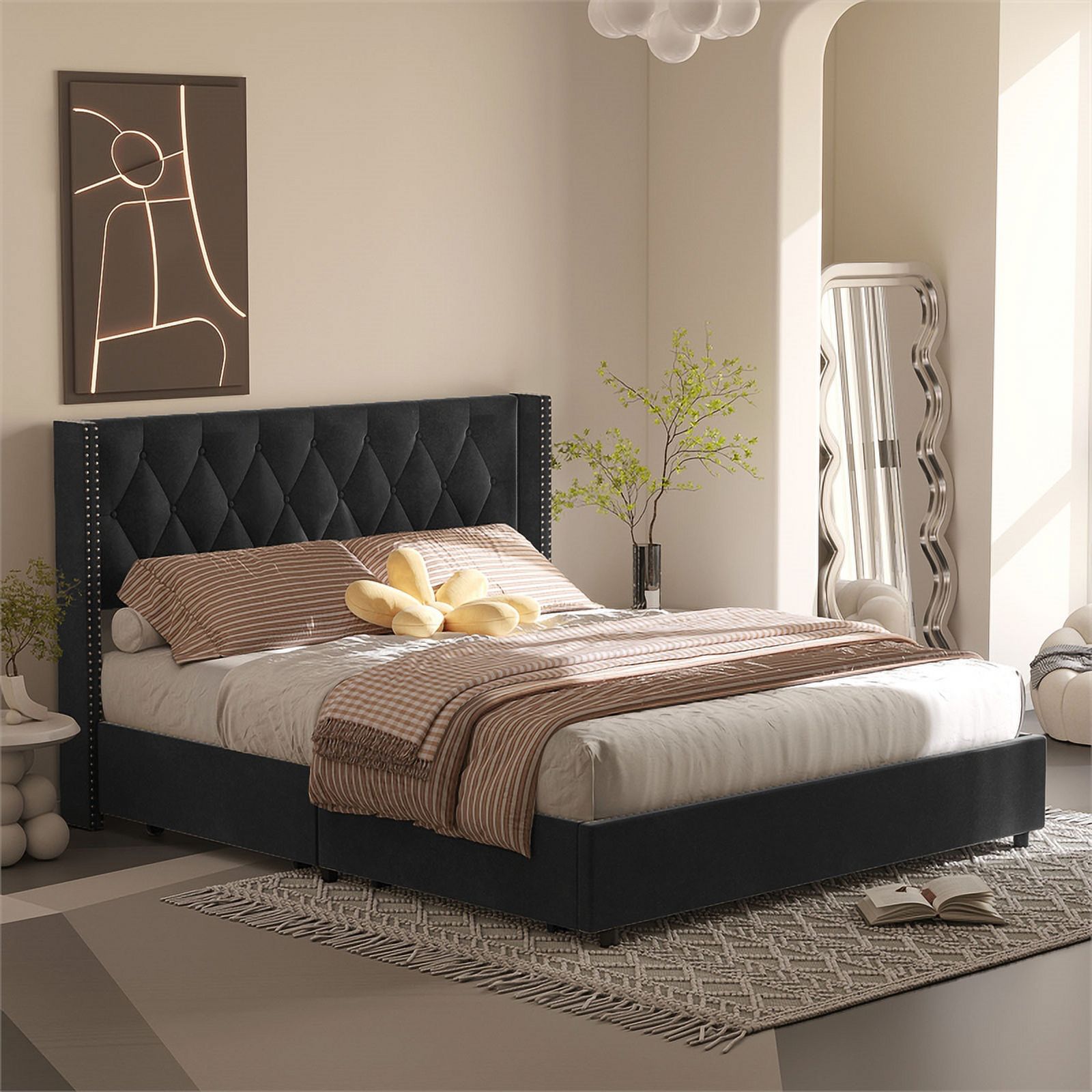 Better Home Products Amelia 4-Drawer Velvet Queen Size Platform Bed in Black