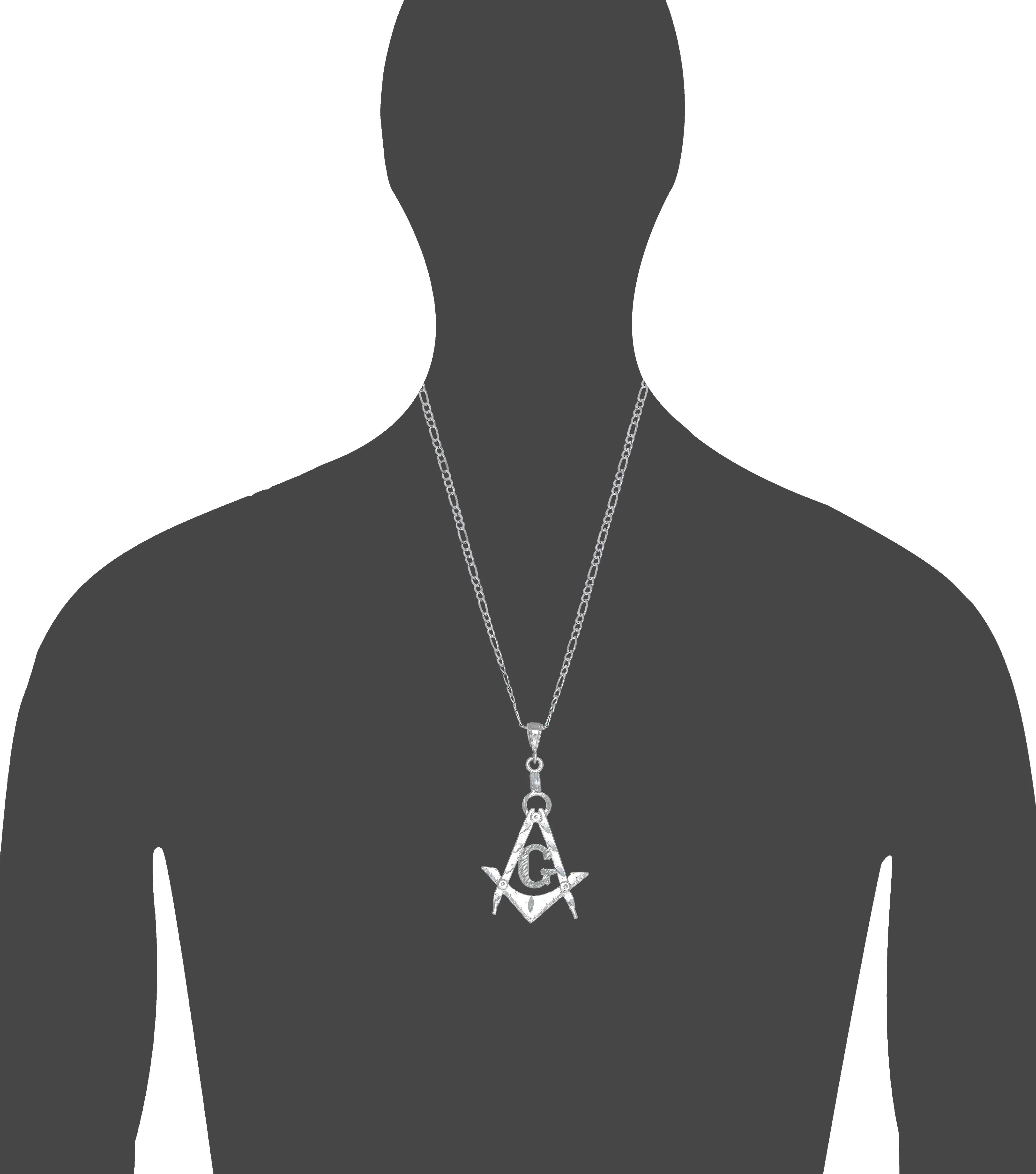 Sterling Silver Masonic Symbol of Square and Compasses Pendant Charm with Figaro Chain