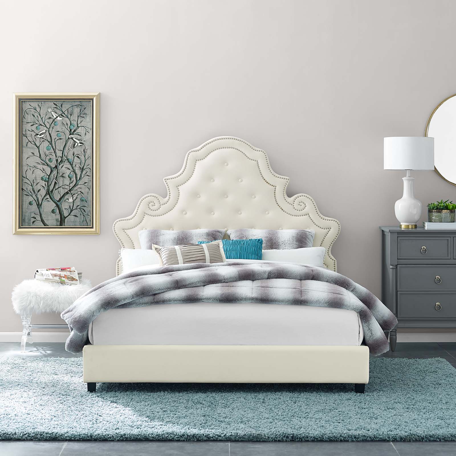 Mod Uptown Classic Wood Tufted Platform Bed, Queen, Ivory White/Black