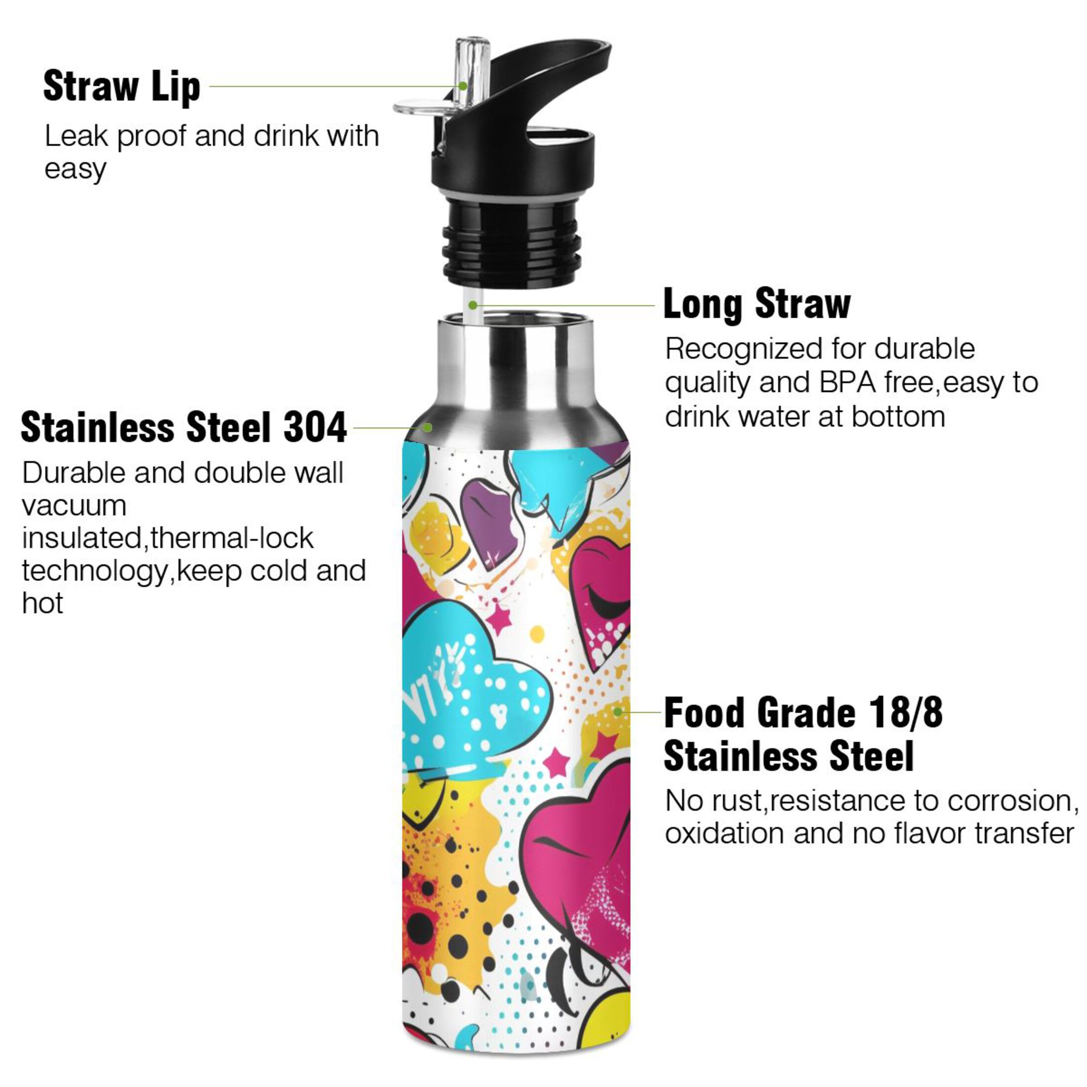 Love Hearts Water Bottles Insulated Thermos Kids Stainless Steel Bottle with Straw Lid Flask Leakproof for Sports Gym 20 oz