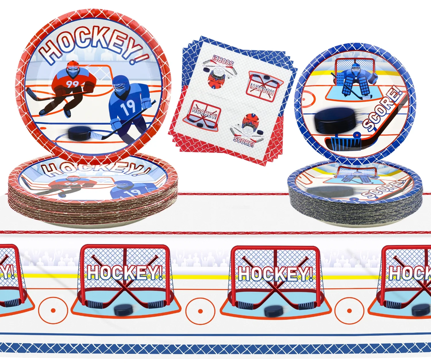 Hockey Theme Party Supplies - 122 Pcs Hockey Plates Napkins Tablecloth Set, for Kid's Hockey Fans Birthday Gameday - Serves 40