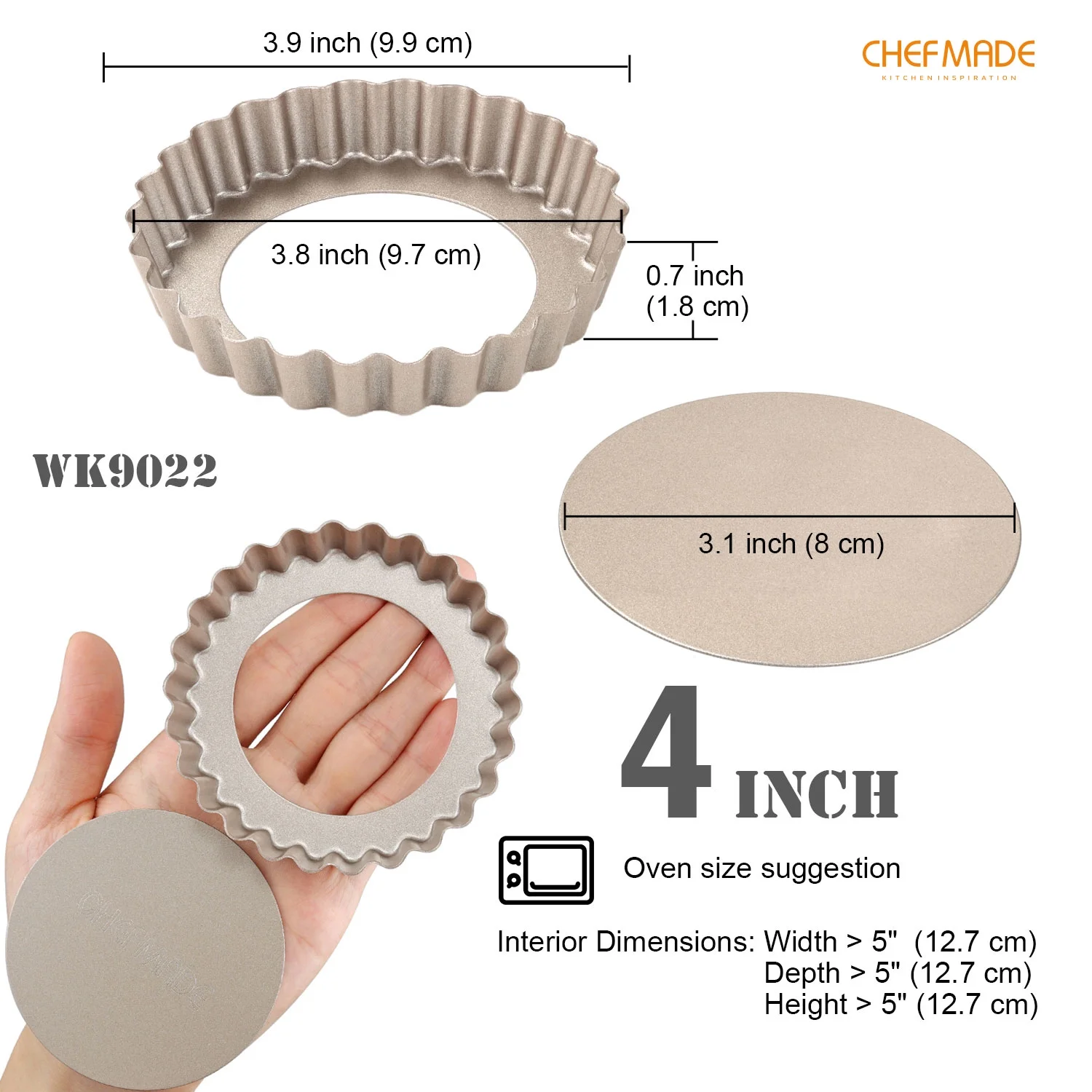 CHEFMADE Mini Tart Pan Set, 4-Inch 4Pcs with Removable Loose Bottom Non-Stick Round Quiche Bakeware for Oven and Instant Pot Baking (Champagne Gold)