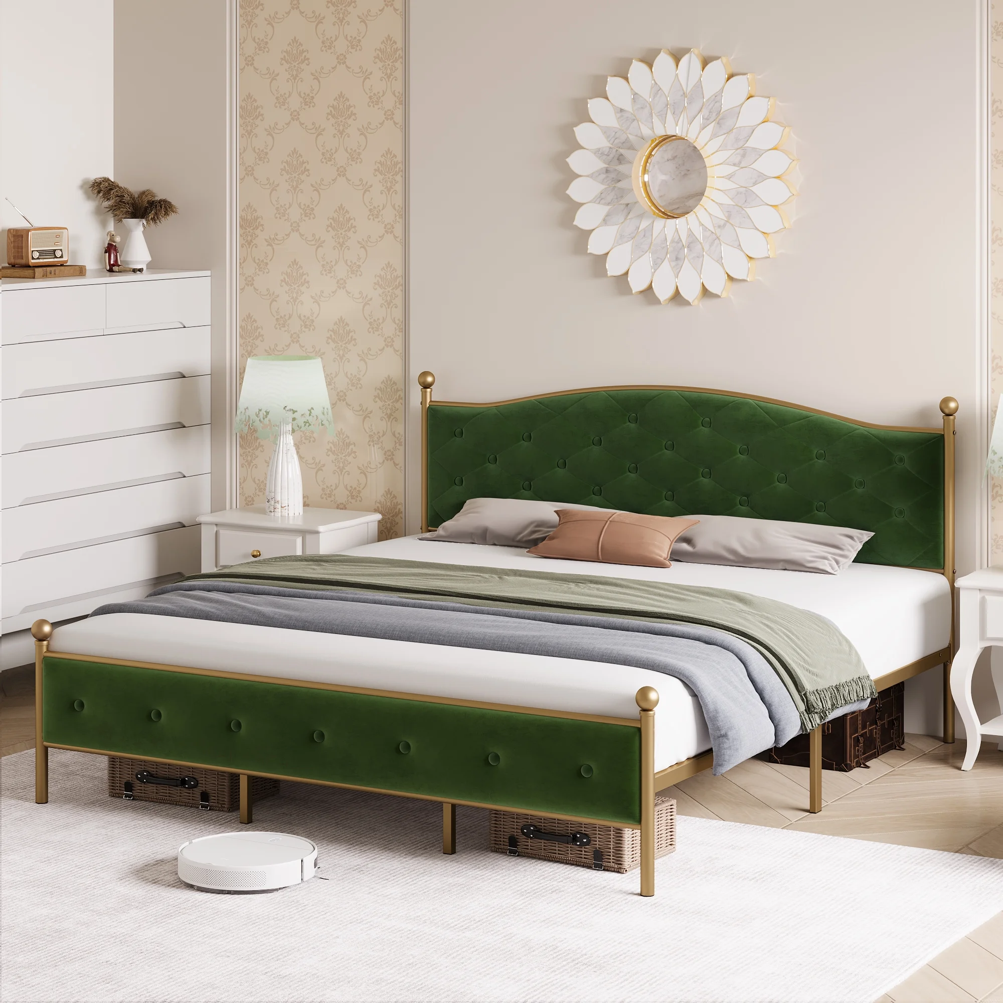 WhizMax Easy Assembly Velvet Upholstered Full Size Platform Bed Frame with Sturdy Wood Slat Supports in Green