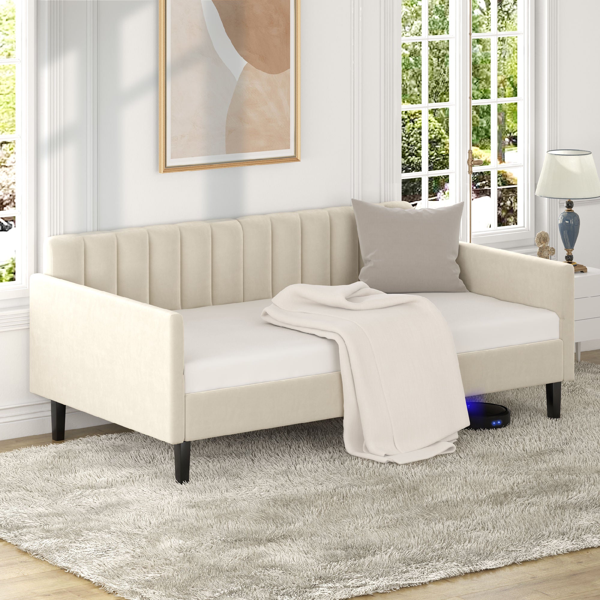 Elena Twin Size Beige Velvet Upholstered Daybed, Ribbed Tufted Backrest, Daybed in Lavish Modern Design, Richly Hued Foam Comfort