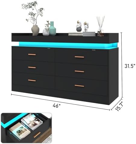 6 Drawer Dresser with LED Light   Chest of Drawers for Closet  Wide Drawer Organizer Cabinet for Bedroom  Living Room  Entryway  Hallway(6 Drawer Black)