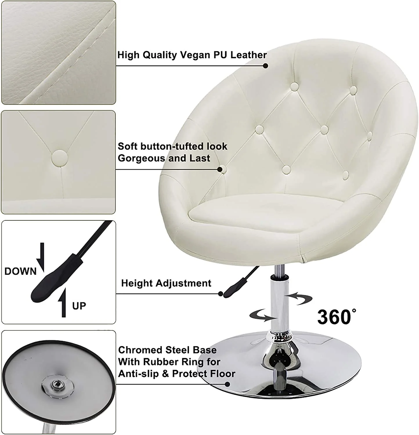 Duhome Swivel Accent Chair, Faux Leather Vanity Makeup Chair Modern Round Tufted Desk Chair Adjustable Height Living Room Chair, White