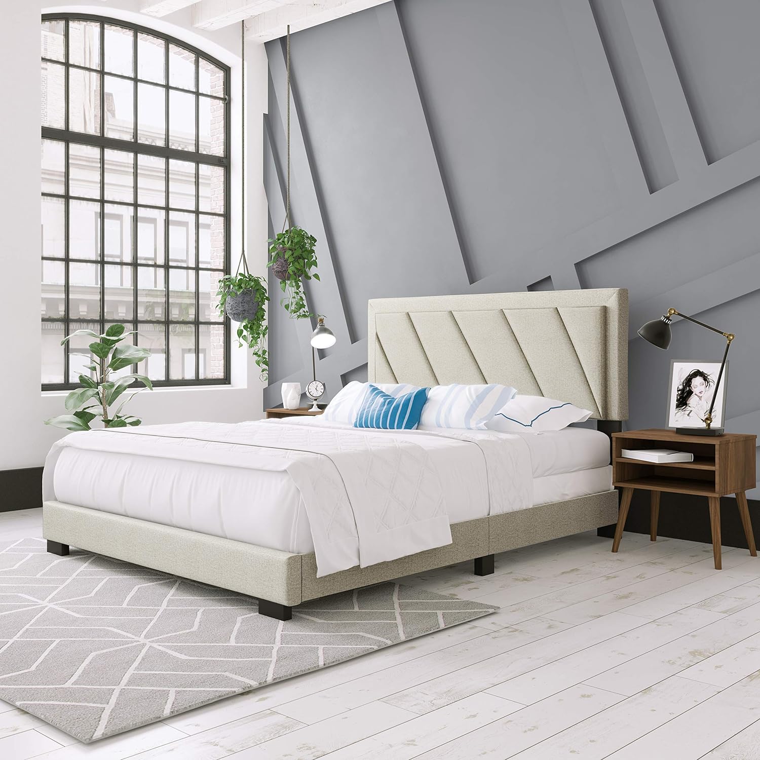 Diagonal Upholstered Platform Bed With Headboard And Durable Mattress Foundation With Strong 4 Wood Slat Supports, Box Spring Required: King, White