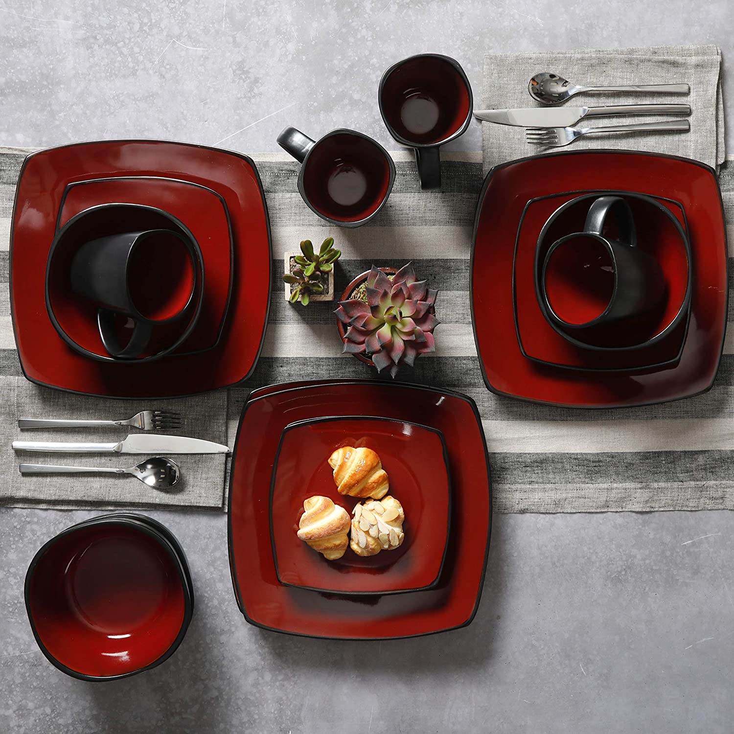 Soho Lounge 16-Piece Square Reactive Glaze Dinnerware Set Red
