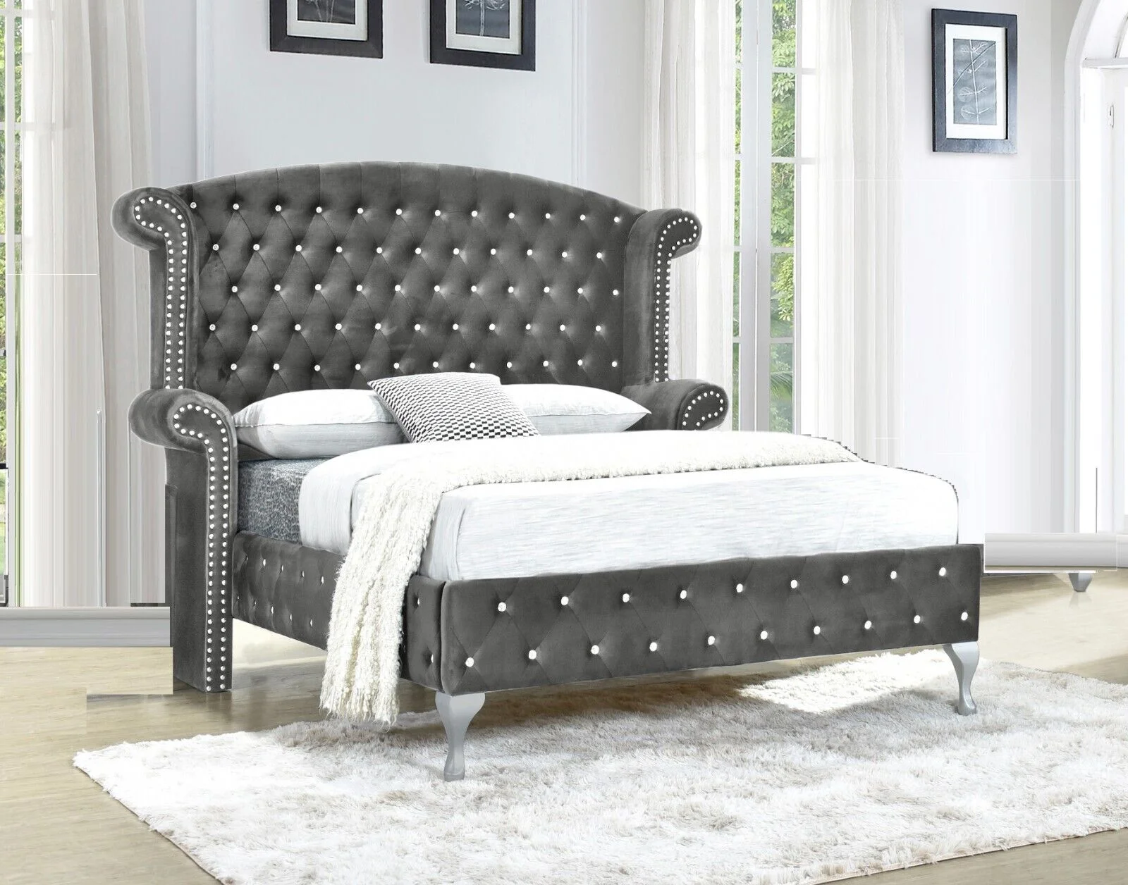 Modern 4Pc King Size Bed Dresser Mirror Nightstand Set Master Bedroom Furniture Gray Velvet