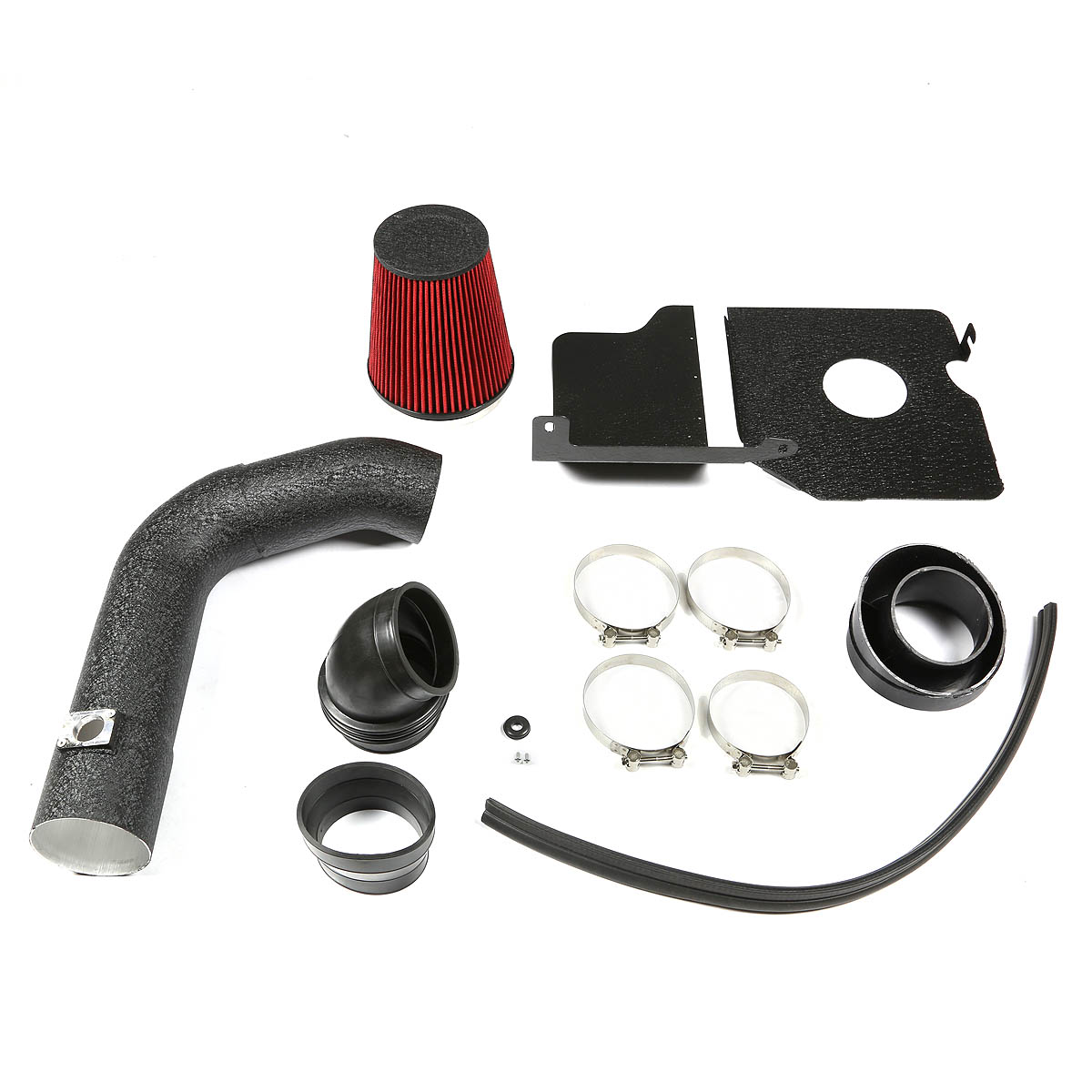 DNA Motoring AIP-2-HS-SIERRA04DUR-BKBK For 2004 to 2005 Silverado Sierra 2500 HD/3500 6.6 V8 Diesel Black Coated Aluminum Air Intake Pipe+Red Filter+Heat Shield