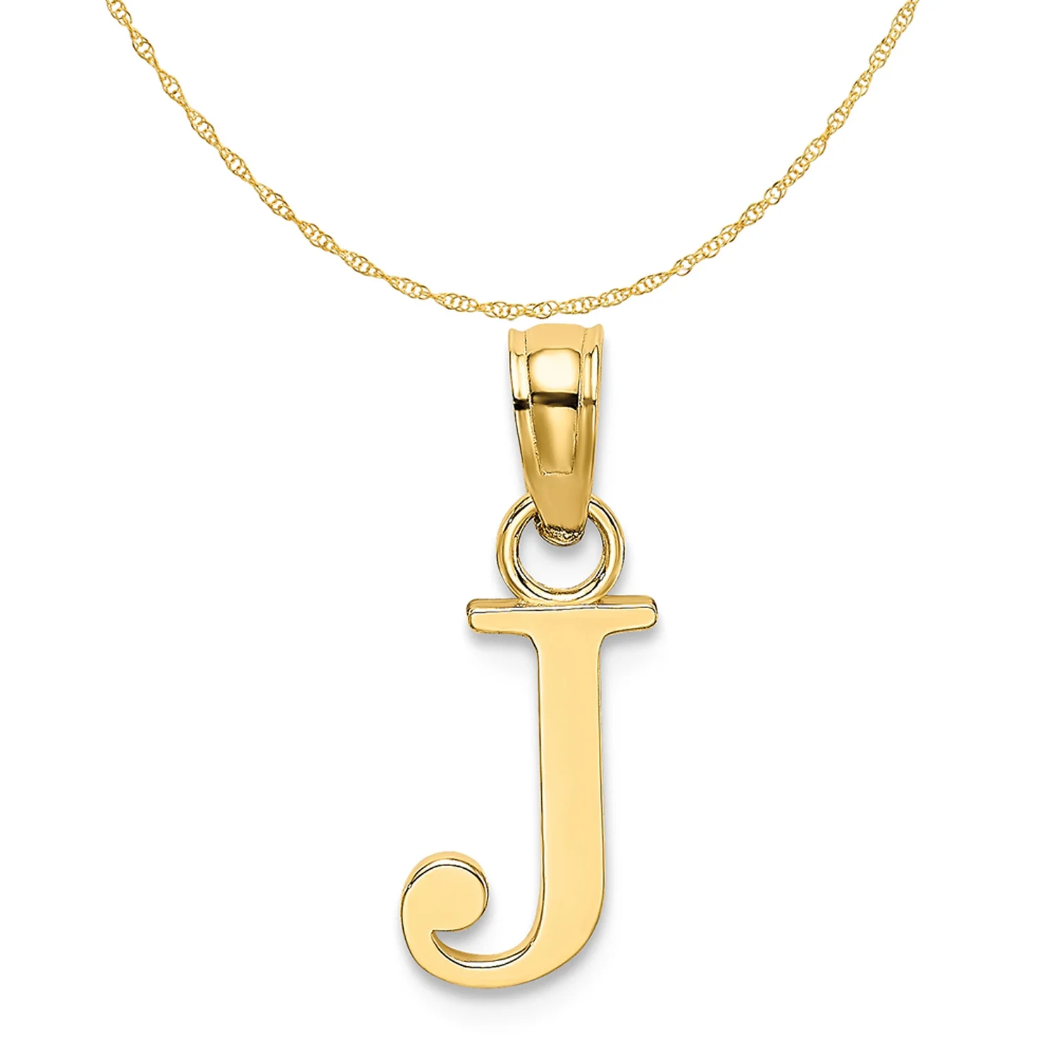 Carat in Karats 14K Yellow Gold Polished Block Letter J Initial Pendant Charm With 10K Yellow Gold Lightweight Rope Chain Necklace 20''