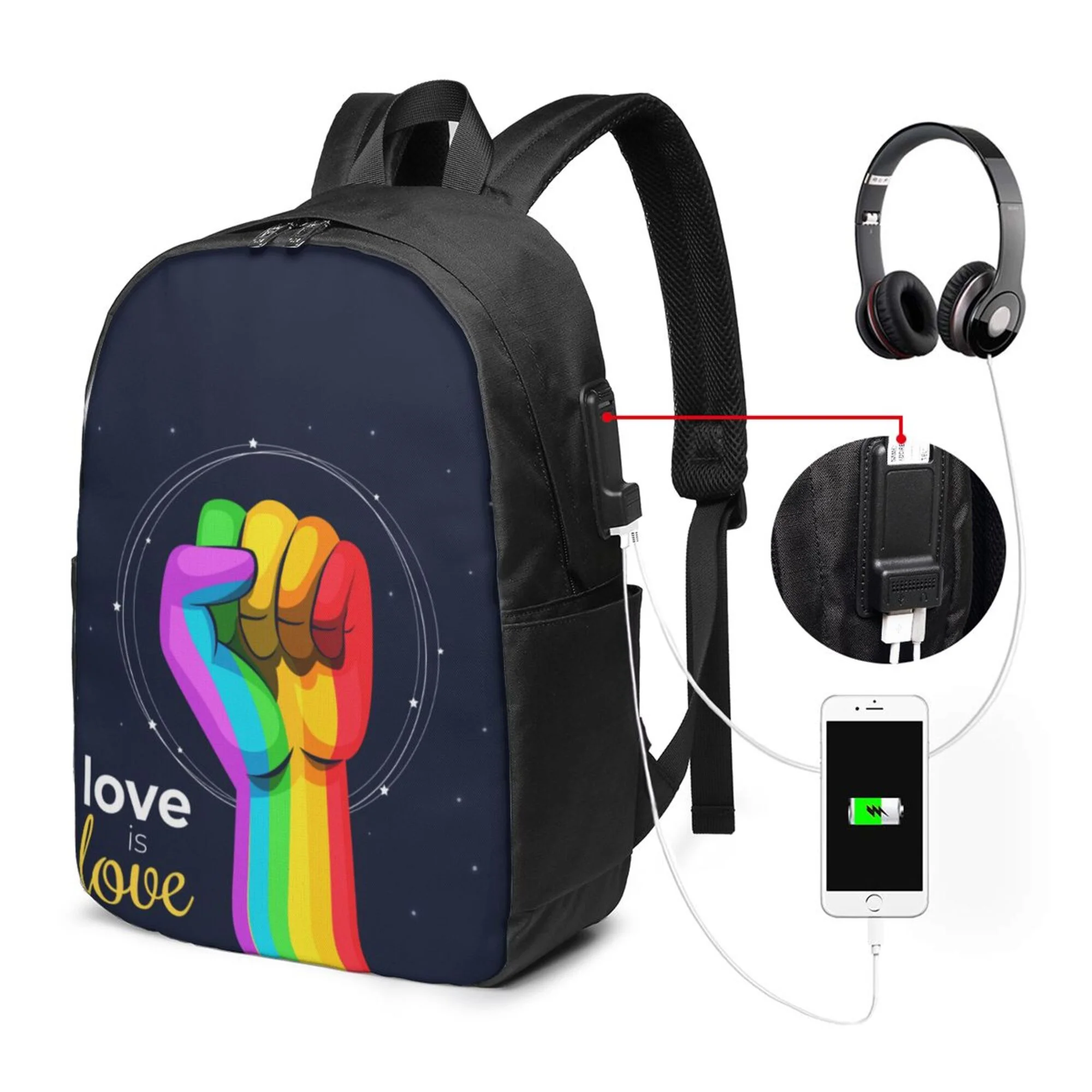 TEQUAN Travel Laptop Backpack, Rainbow Lgbt Pride Love is Love Prints Outdoor Hiking Bag School Bookbag Casual Lightweight Daypack